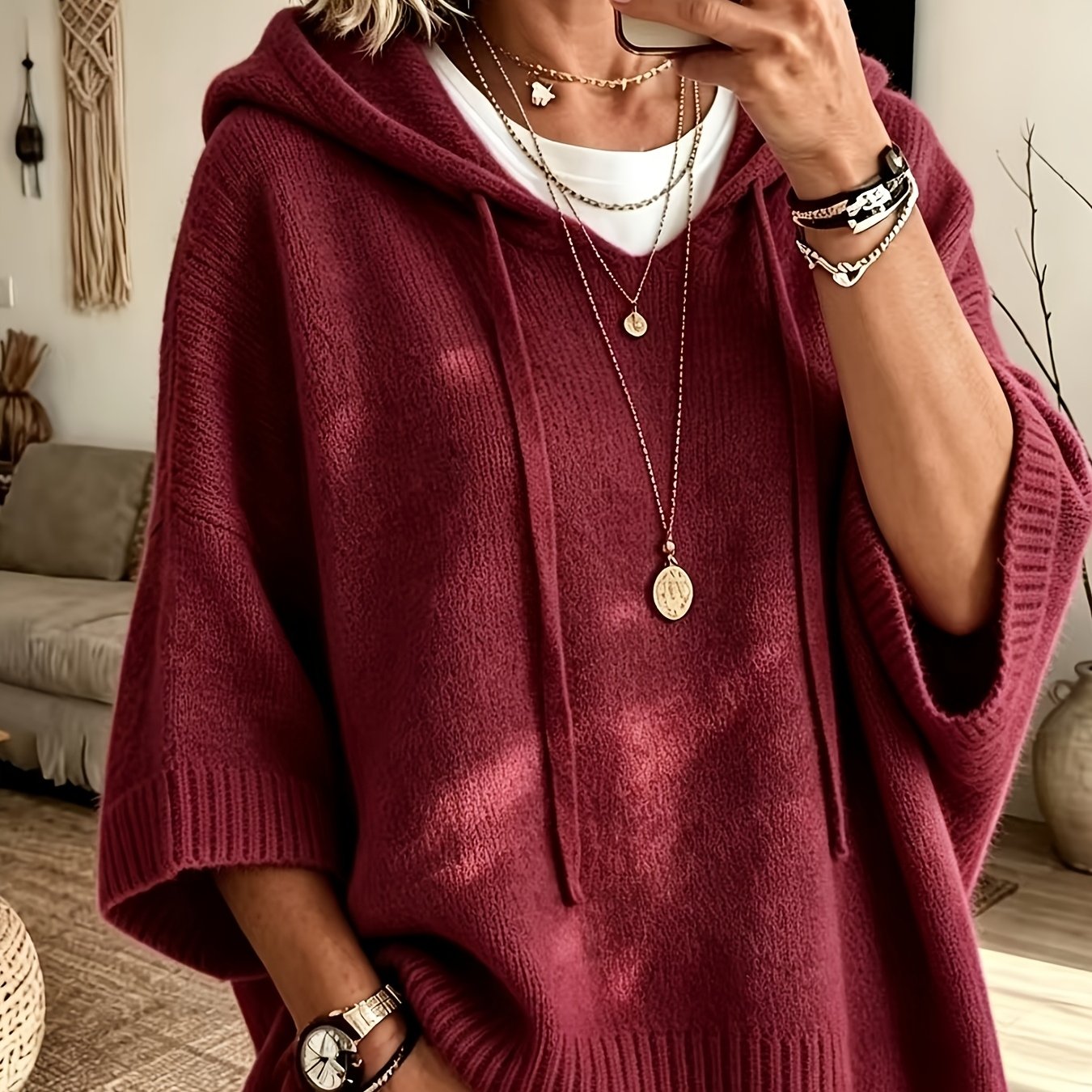 TEMU Women's Elegant Casual Three-quarter Sleeve Drawstring Hooded Sweatshirt
