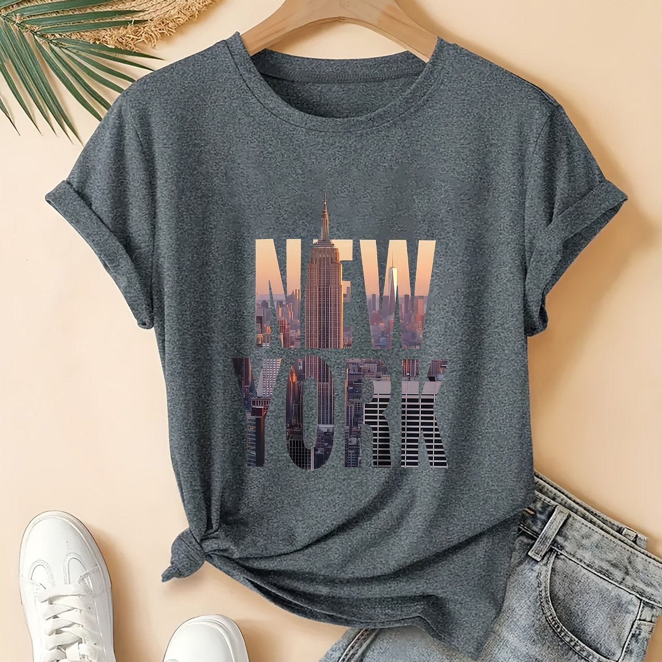 TEMU Women's Plus Size Oversized City T-shirt - Vintage Short Sleeve Round Neck Blouse With "" Print | Spring Summer Fall Casual Wear For Everyday