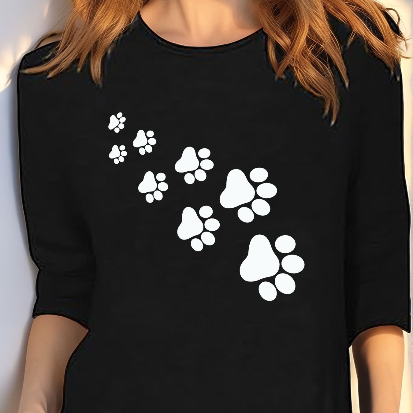 TEMU Fashionable Cartoon Cute Dog Paw Print Pattern Printed T-shirt, Women's Casual 3/4 Sleeve, Round Neck Pullover, Suitable For , Women's Clothing.