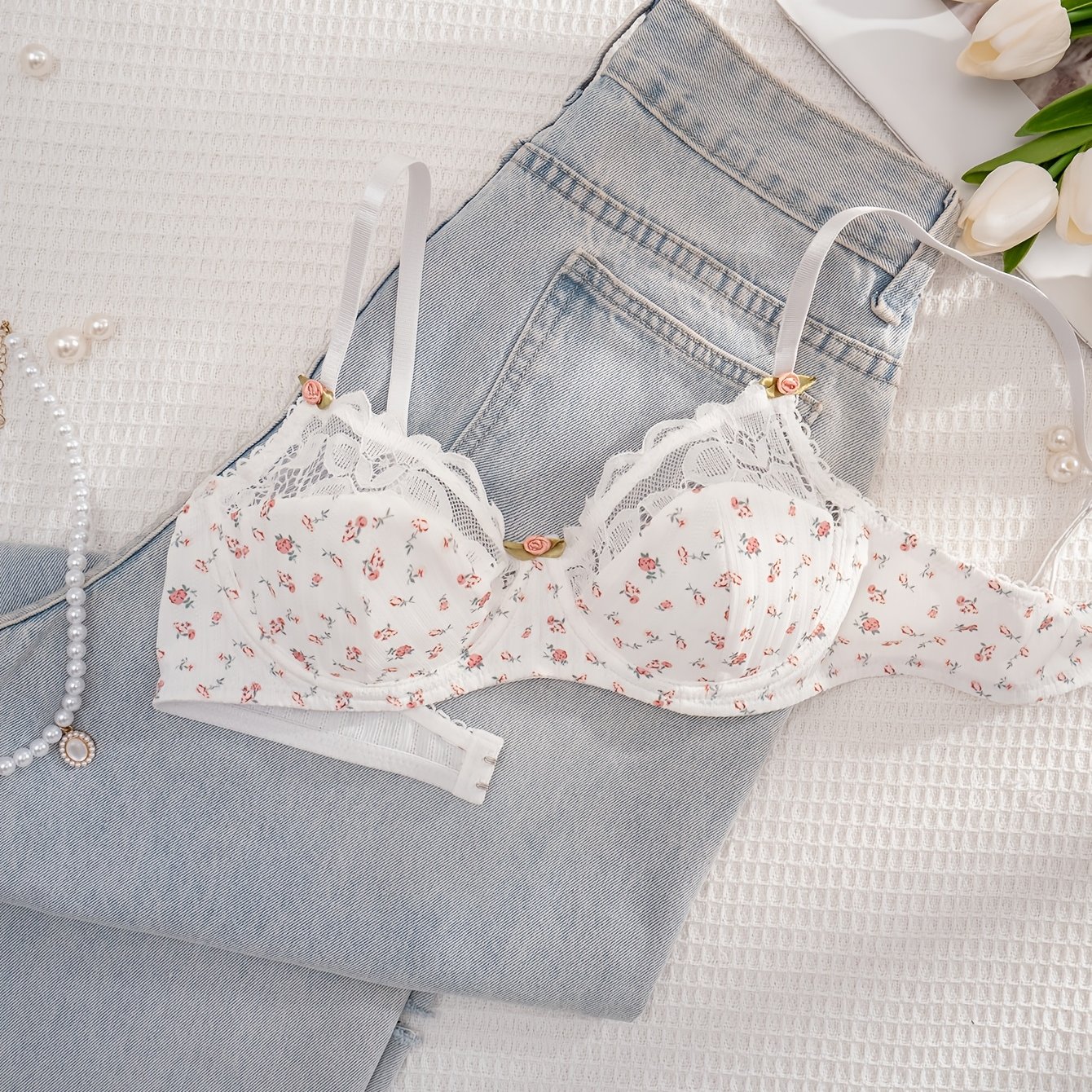 TEMU Ladies' Lace Floral Print Underwire Thin Cup Comfortable Bra