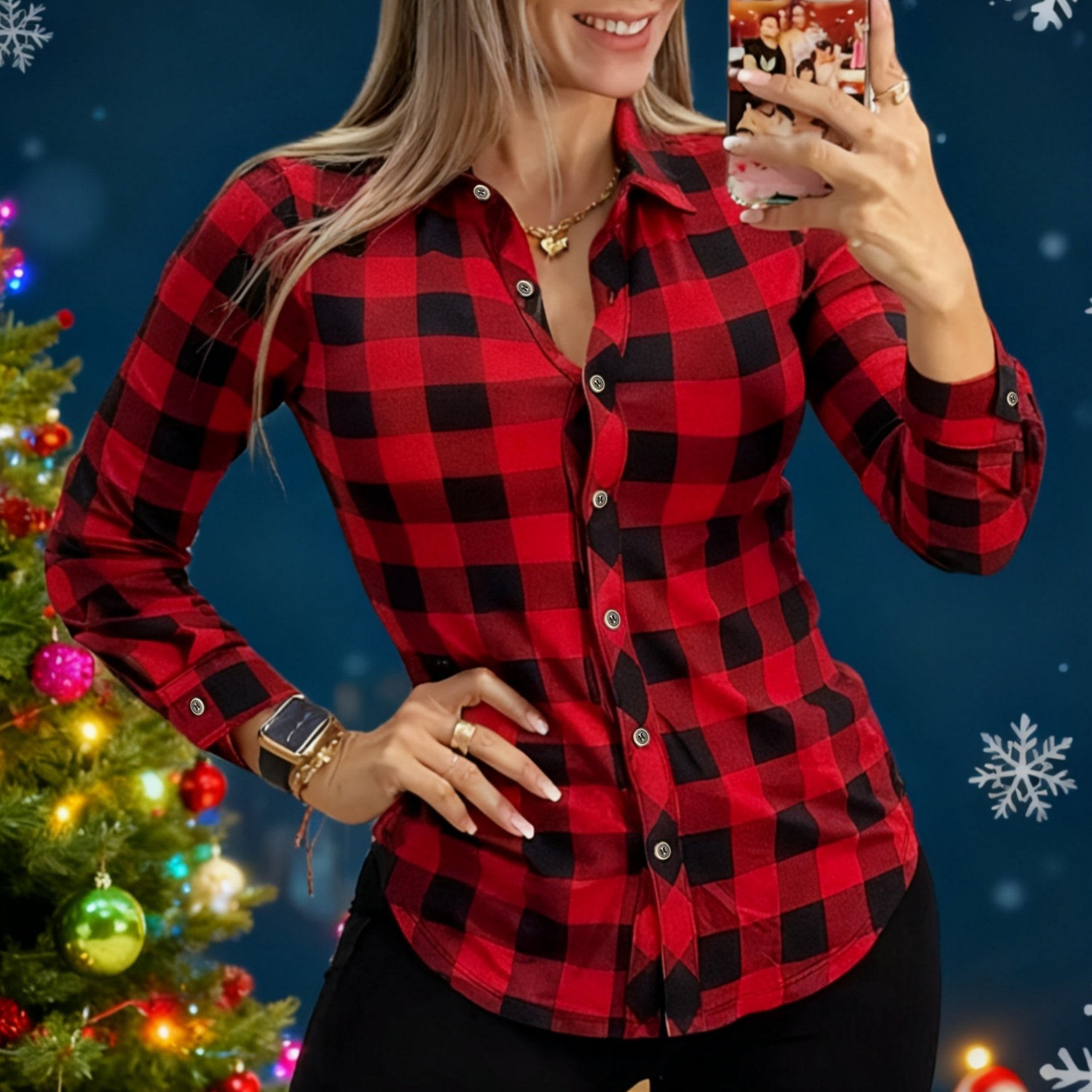 E-shop Damen Herbst Langarm Karo Hemd, Revers Knopfleiste Bluse, Klassisches Rot-Schwarz Gingham, Elegante Lockere Passform, Einreihige Knopfleiste,