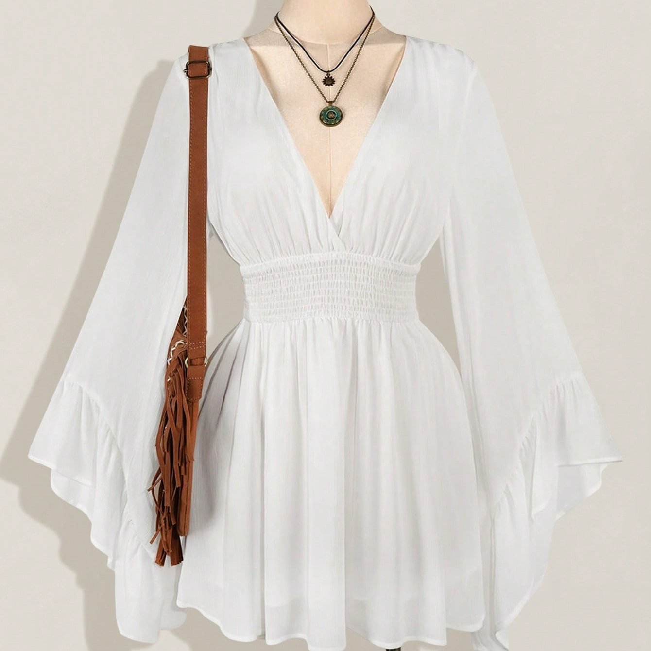 E-shop V-Ausschnitt Rüschung in der Taille A-Linien Kleid mit ausgestellten Ärmeln, Bohemian Hippie Y2K Style, geeignet für Frühling Sommer Herbst,