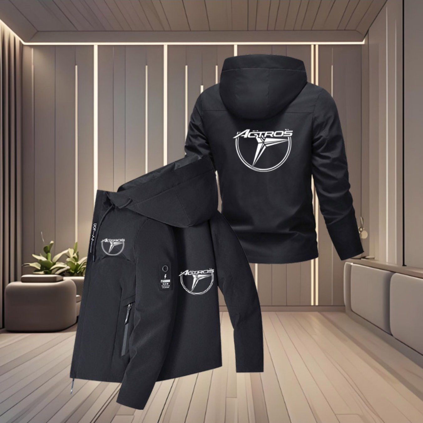 TEMU Men's Trendy Soft-shell Jacket - Brand Heavy-duty Truck Themed Logo Print, Durable Polyester Hooded Zip-up Jacket With Adjustable Drawstrings,