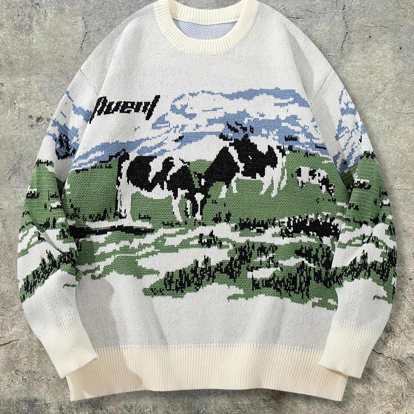 New Autumn/winter Men' Versatile Sky Cow Pattern English Letter Crew Neck Pullover Sweater