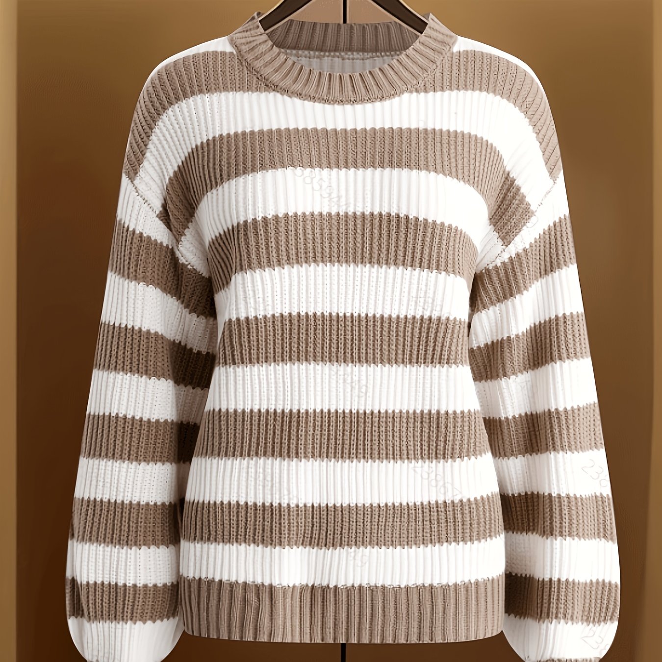 TEMU Pull rayé color-block marron et blanc style Vika, et polyvalent pour l' printanière, chaud et tendance, tenue décontractée pour les