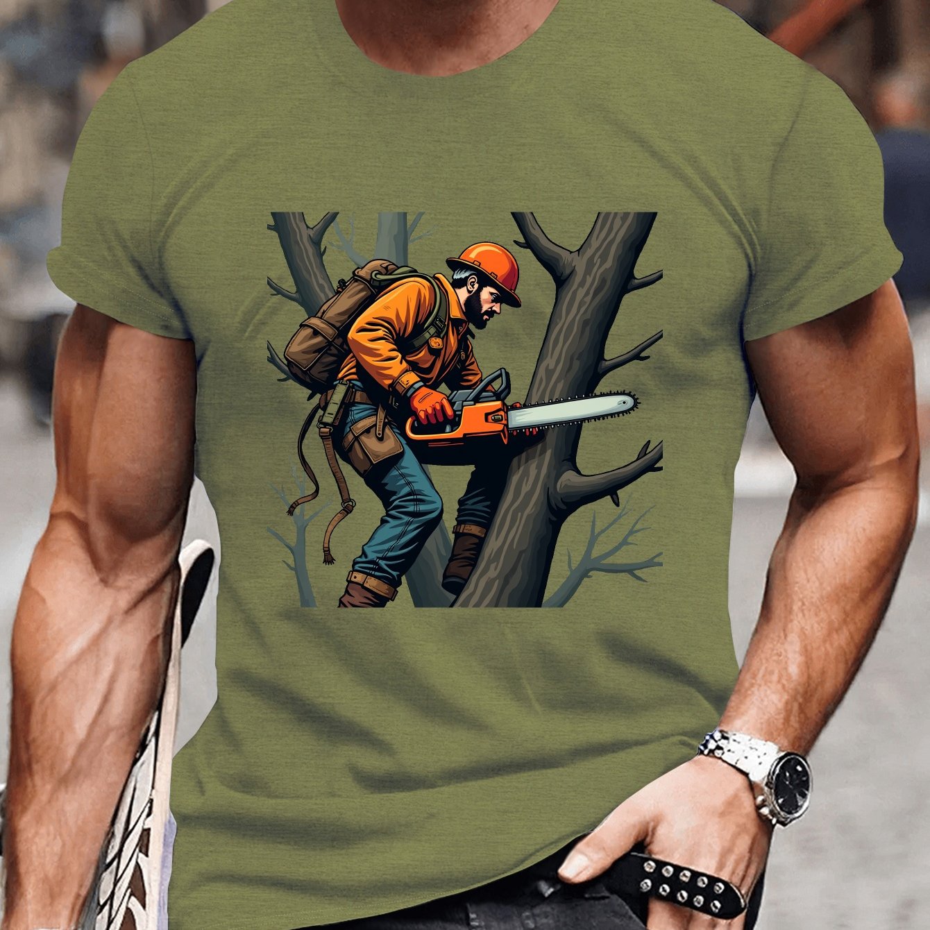 TEMU T-shirt à manches courtes pour homme avec une scène de tronçonneuse de , parfait pour un look décontracté d'été