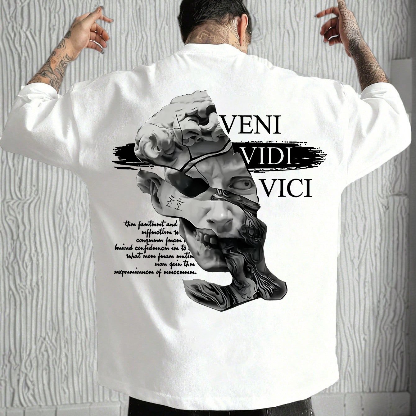 TEMU Men's Short Sleeve T-shirt - Artistic Retro Style Men's Plaster Sculpture Letter Print Short Sleeve T-shirt, Polyester Fabric Regular Fit, Style