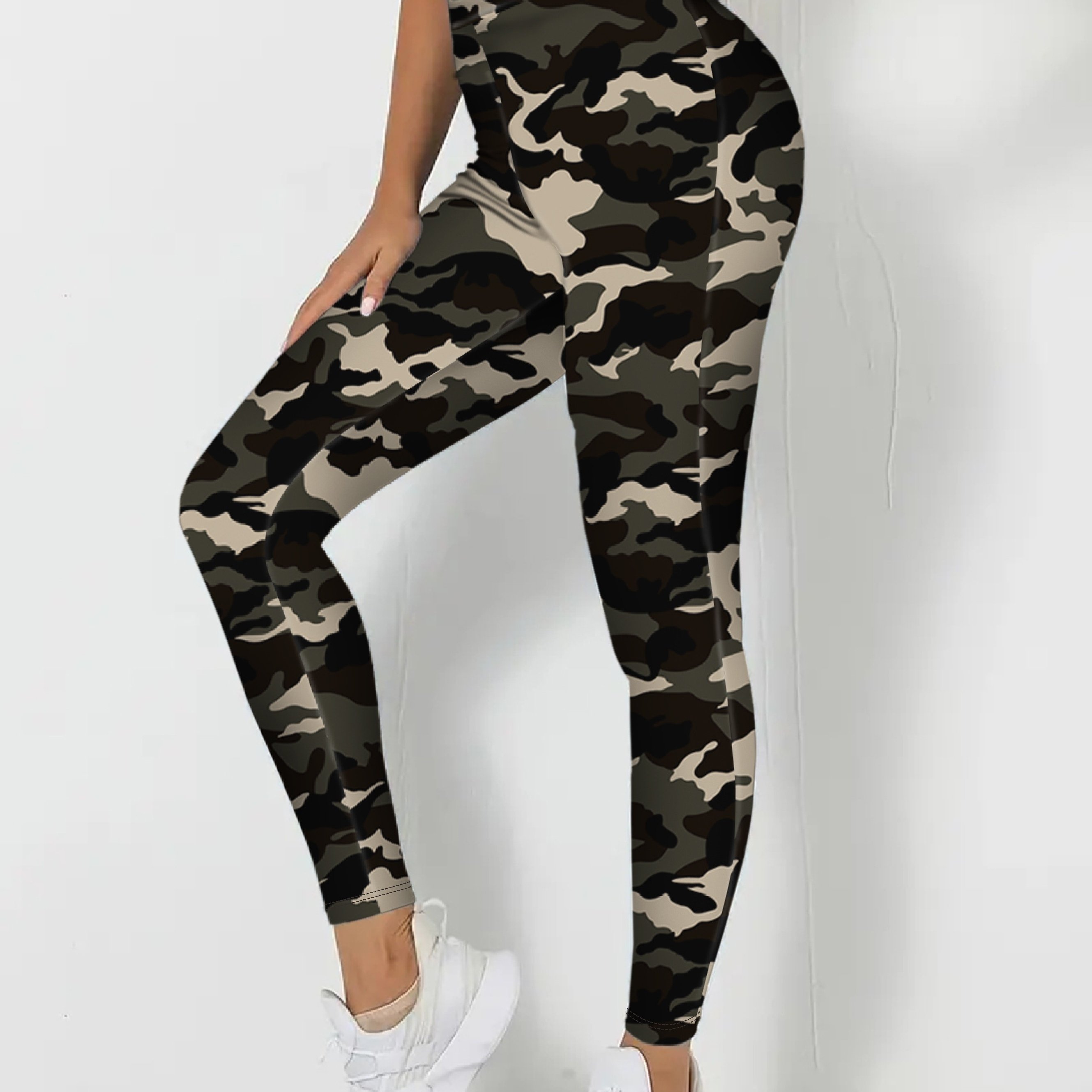 Plus Size Casual Leggings Women's Plus Camo Elastic High - Temu