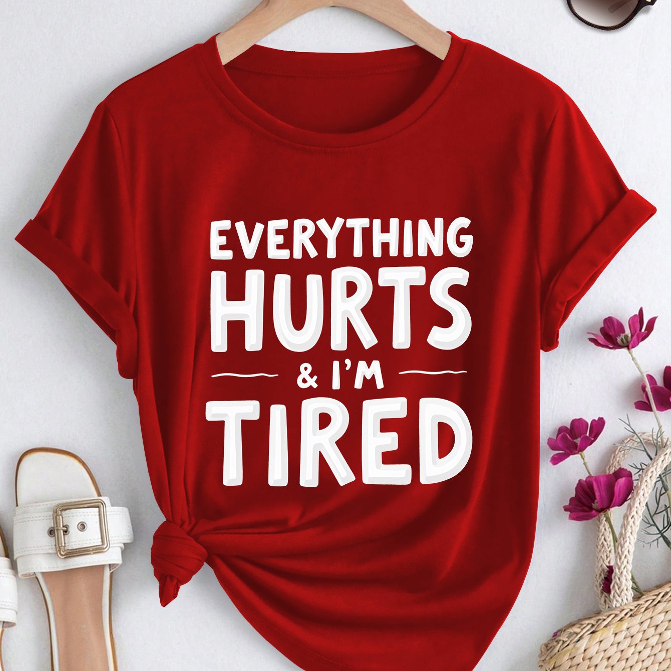 TEMU Ladies' Elegant Short-sleeved Everything & I'm Tired Letter Print Spring, Summer, And Autumn Round Neck T-shirt, Fashionable, Casual, Sporty,