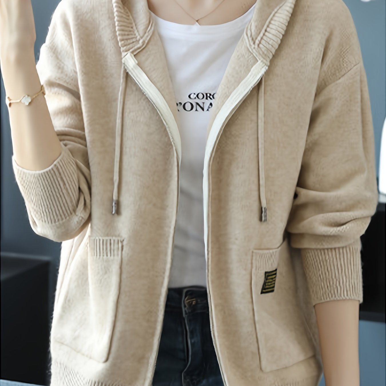 TEMU Women's Autumn New Hooded Sweater Cardigan Jacket Fashionable Outer Zipper Hooded Sweater Autumn And Winter Long Sleeved Top