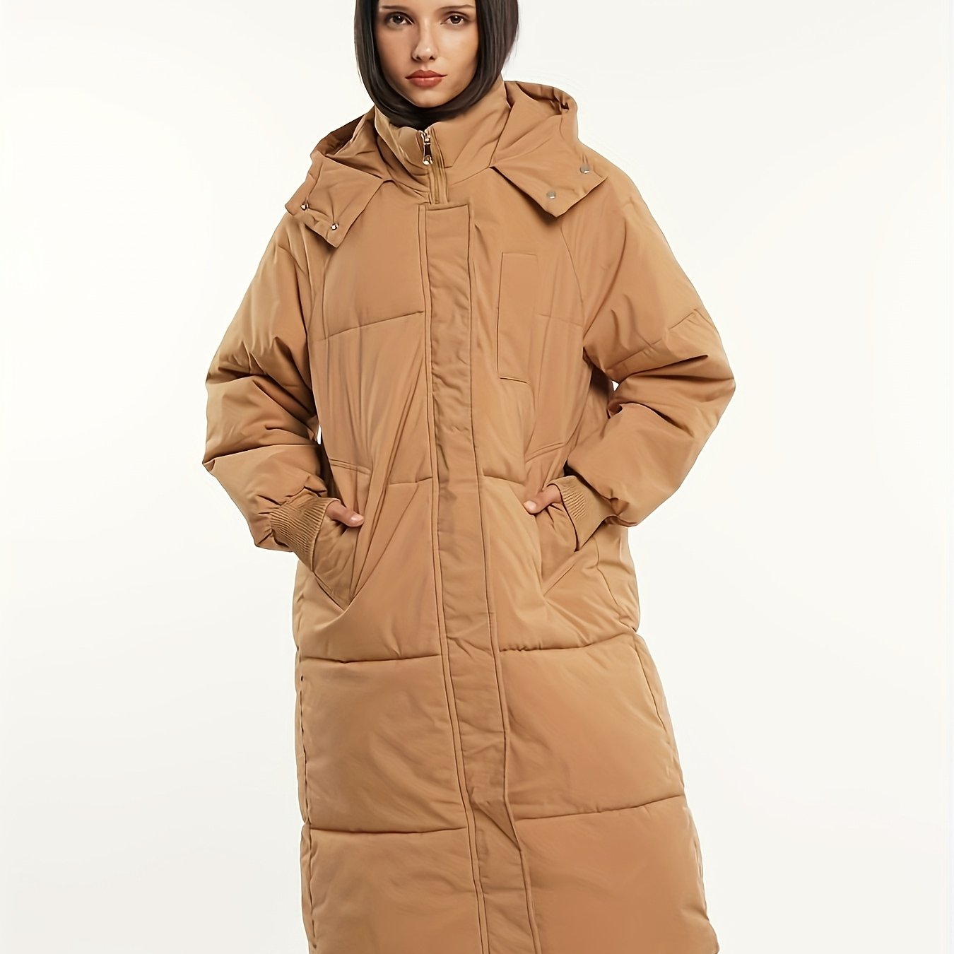 Plus Size - Plus Size - Women's Classic Hooded Long Puffer Coat In Plus Size, Long Quilted Jacket With Large Pockets, Basic Winter Warm Long Sleeve Outerwear