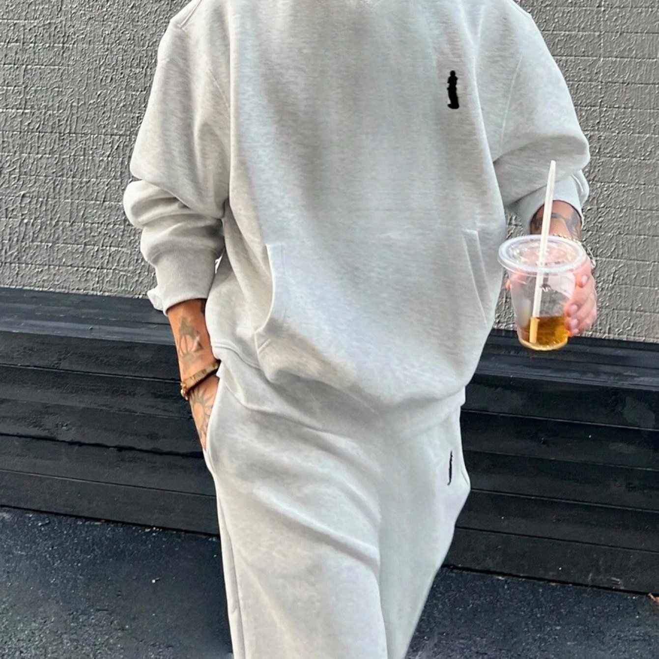 TEMU My Latest Model Men's Character Print Hoodie Set, Light Gray, Autumn And Winter Collection