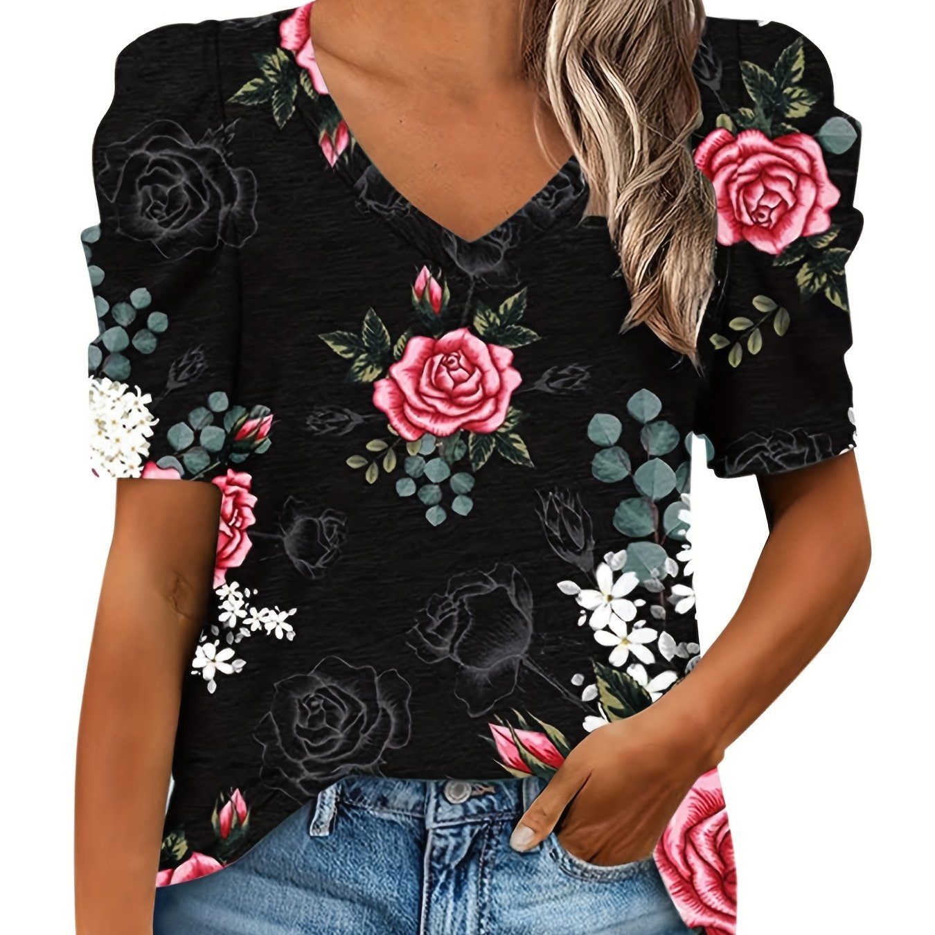 E-shop Neues Sommer Damen Freizeit Kurzarm T-Shirt mit V-Ausschnitt und Blumenmuster, mit eleganten, gerafften Ärmeln