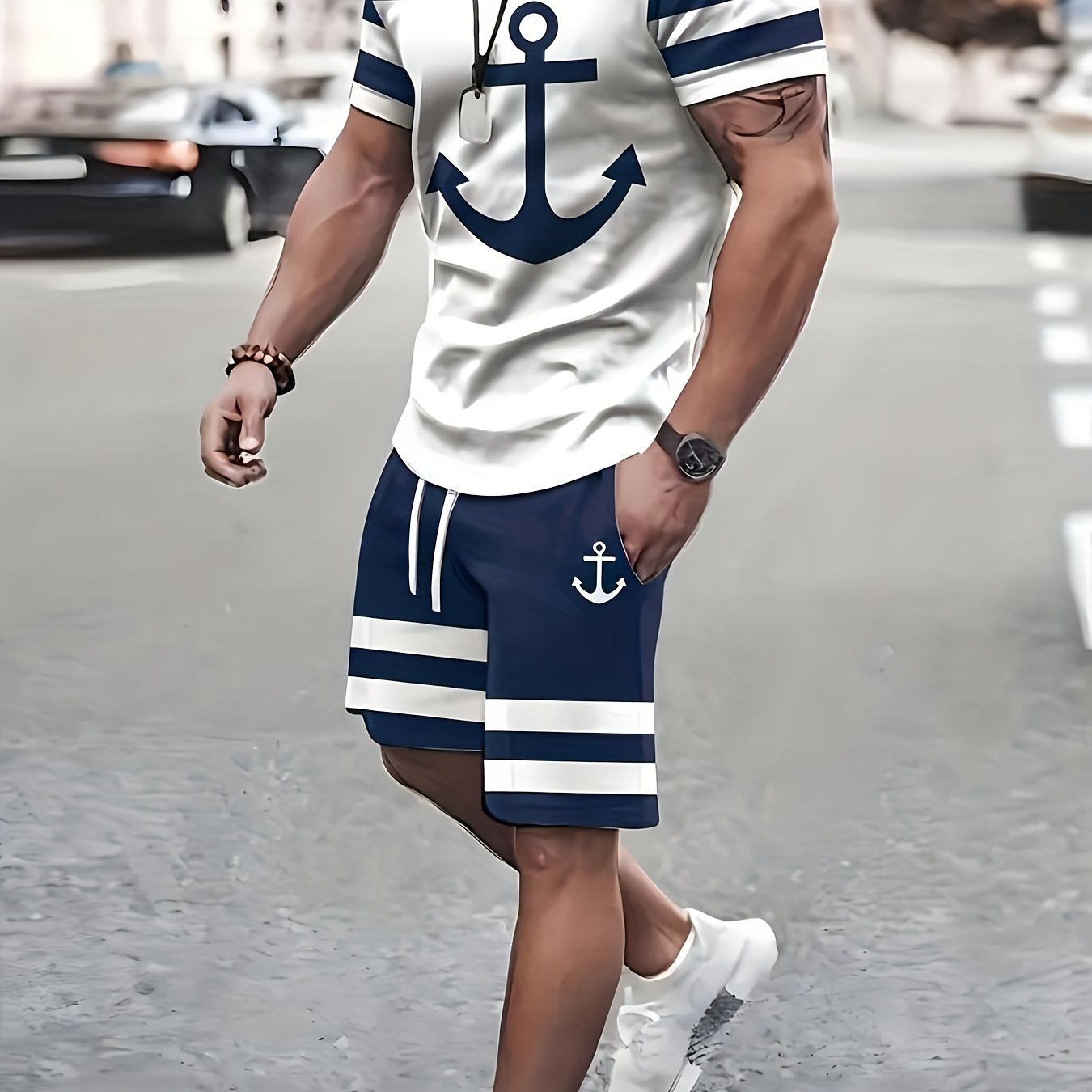 Image of Men's Clothing, Color Graphic Crew Collar Short-sleeved T-shirt And Drawstring Shorts 2pcs Summer Outdoor Activities