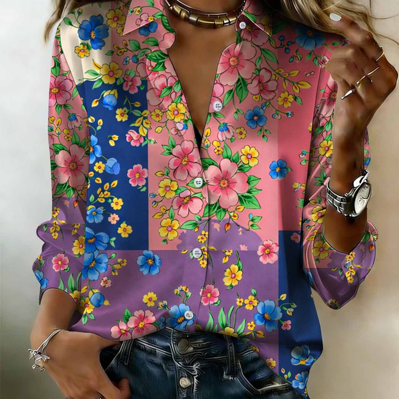 Image of Plus Size - Women's Retro Full-body Floral Print Satin Shirt Button-up Collar Blouse Suitable For Casual & Casual Wear, Machine Washable Versatile Blouse
