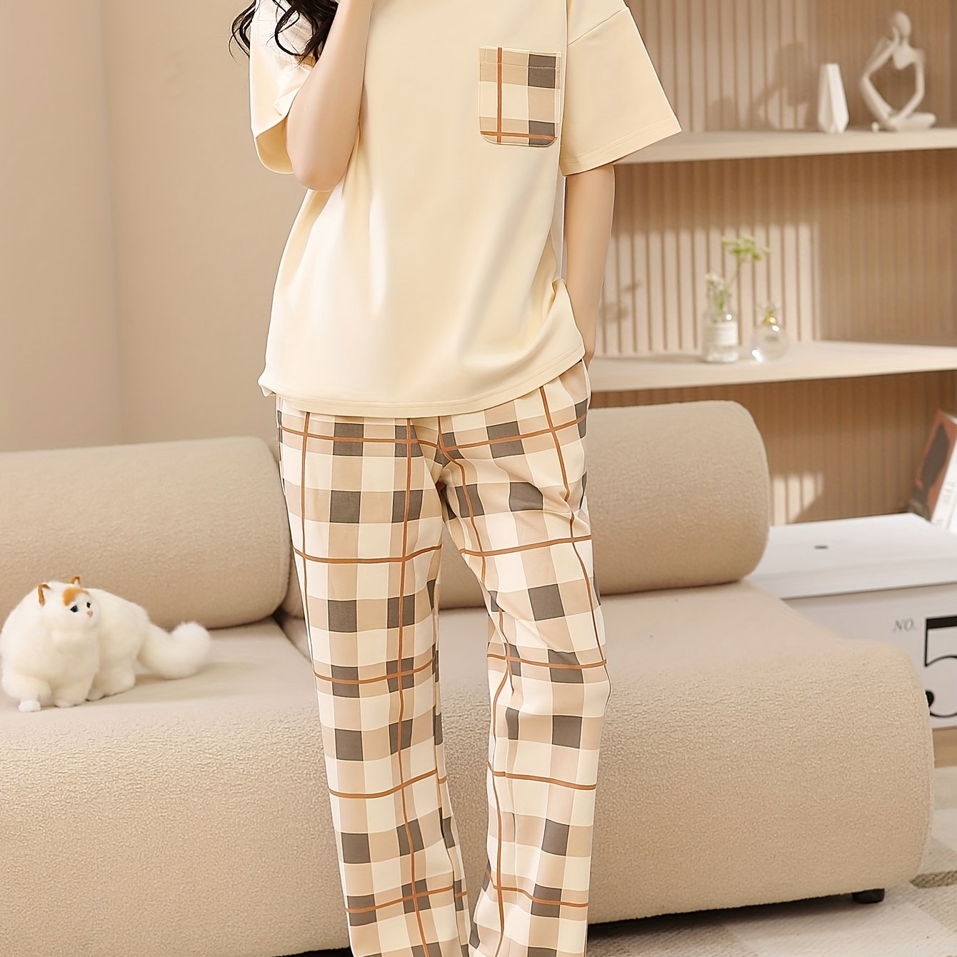 Image of Easy Solid Color Casual Pajama Set, Short Sleeve Crew Neck Top And Relaxed Checkered Pants, Women's Loungewear For Spring And Autumn