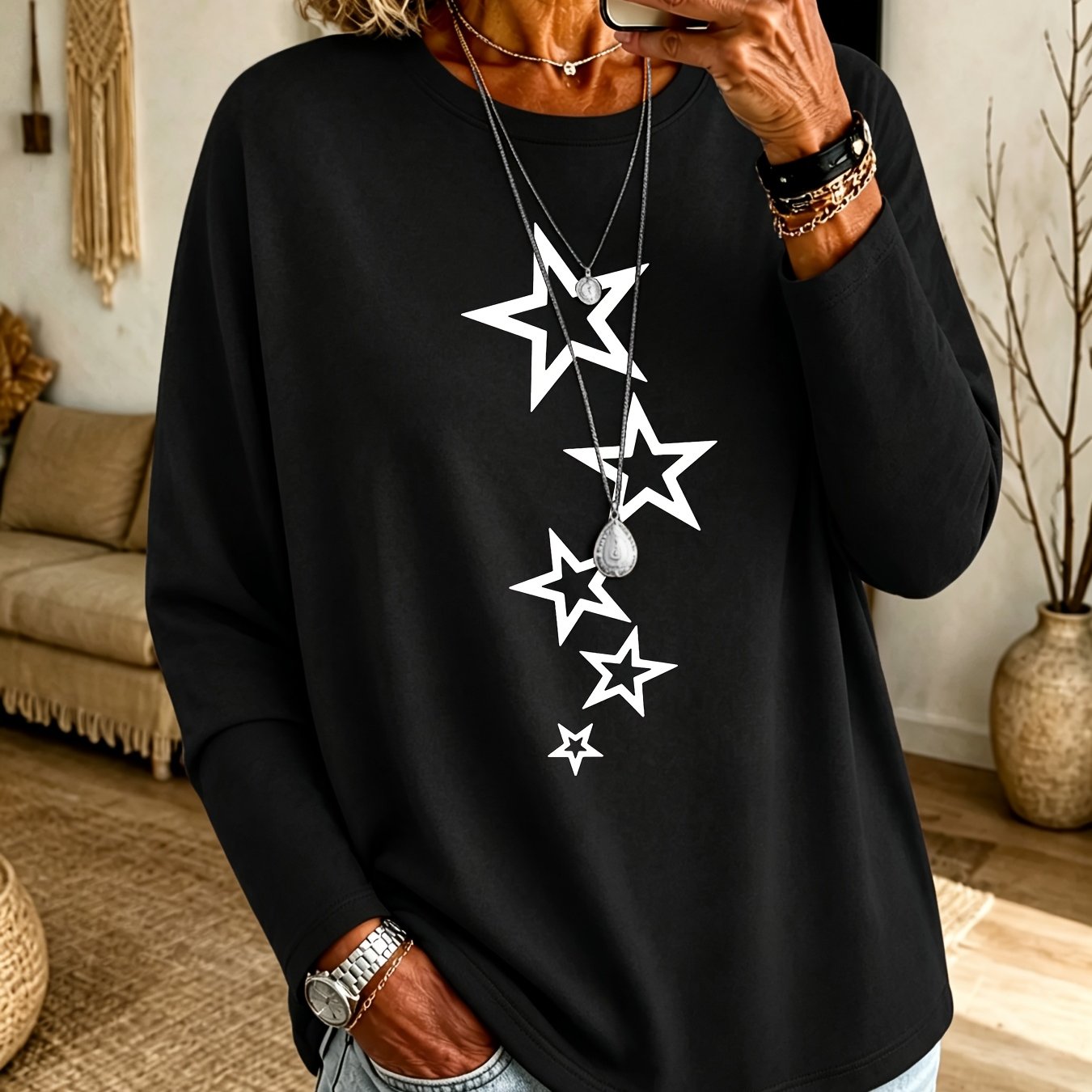 TEMU Plus Size, Plus Size Women's Long Sleeve T-shirt, Fashionable Vacation Soft Casual Plus Size Women's Clothing, Printed Base Layer Pullover,