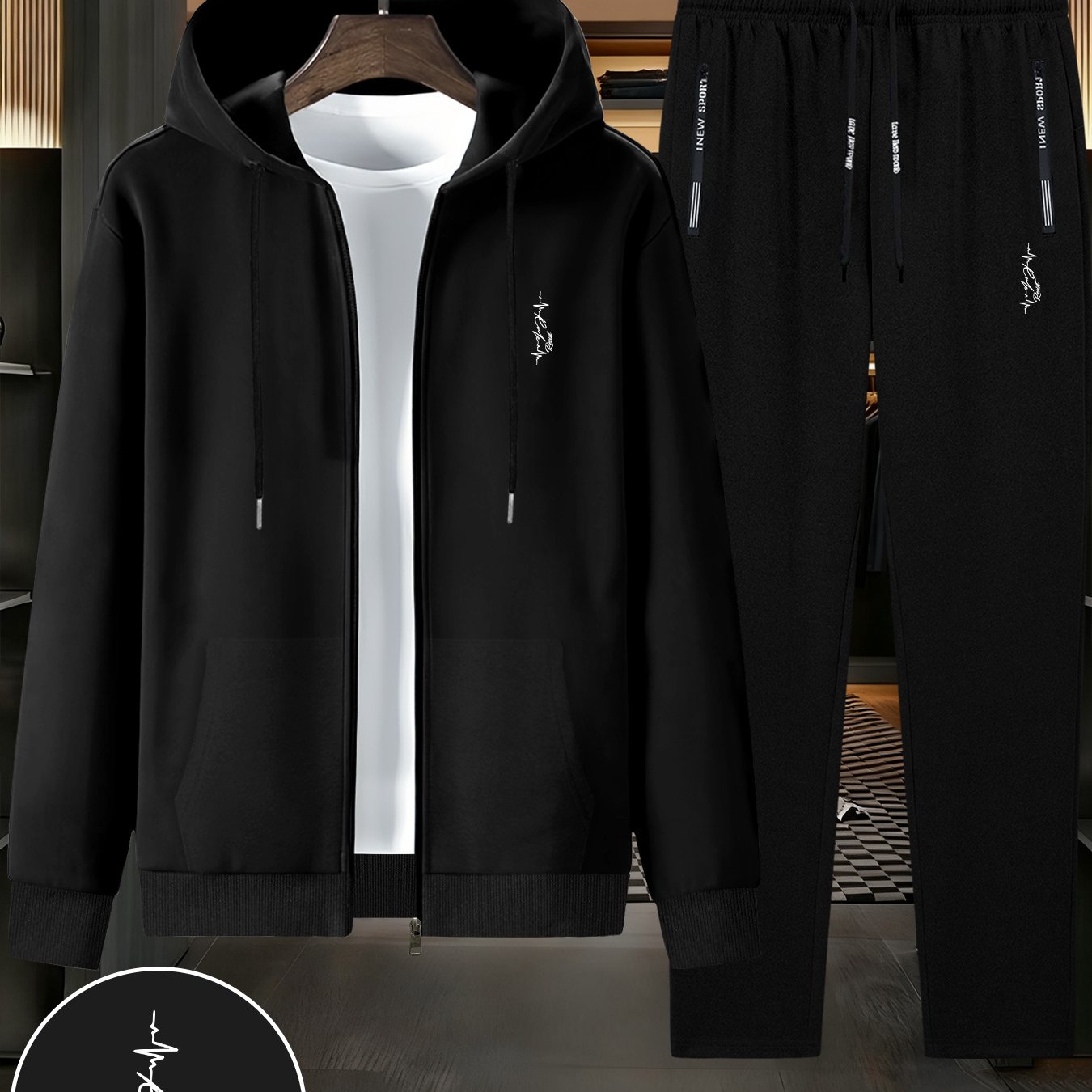 TEMU Men's Trendy Autumn/winter Hooded Jacket Two-piece Set, Minimalist Line Pattern Casual Business Outfit, Youth Leisure Sports Baseball Jacket,