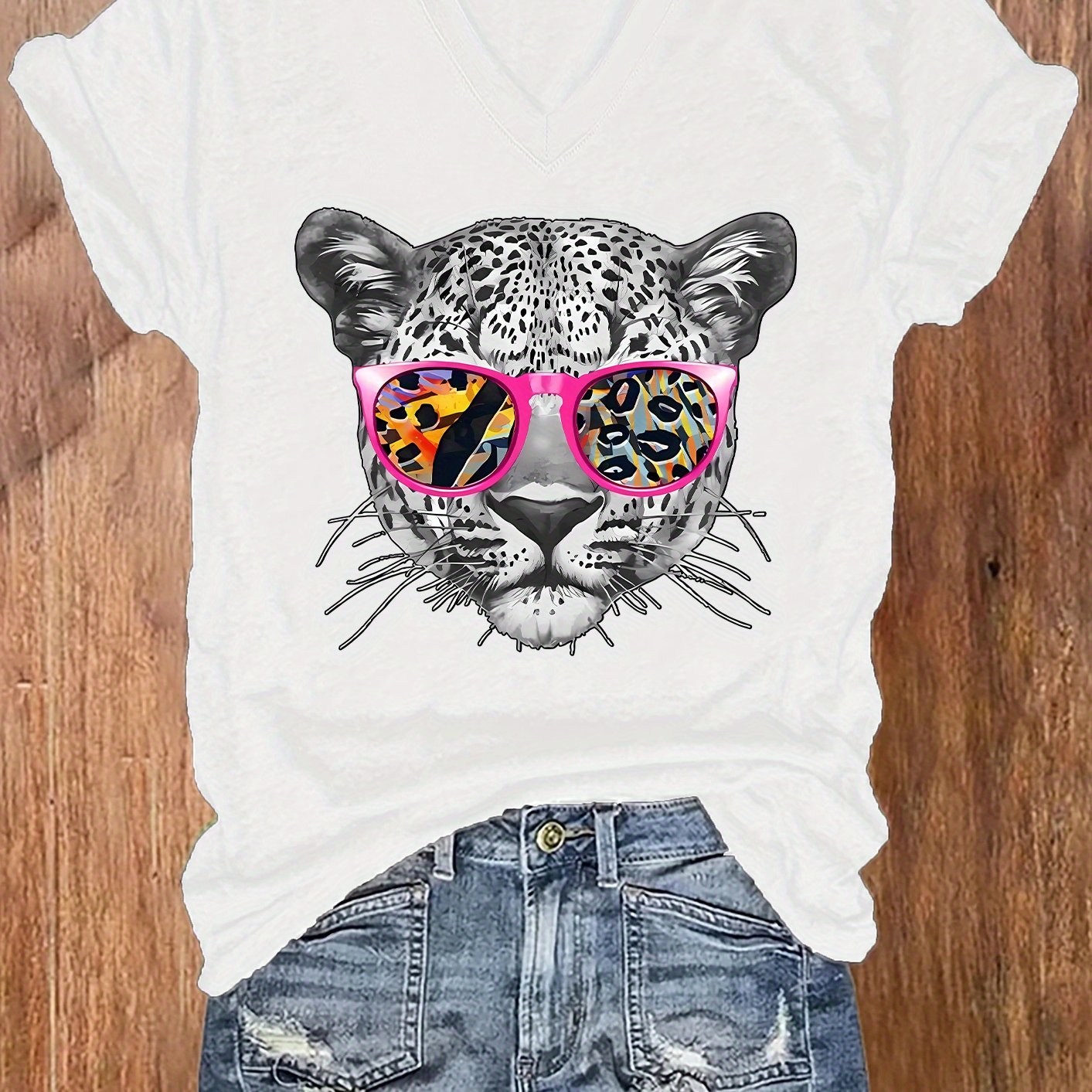 E-shop T-Shirt mit Grafikdruck, Kurzarm-Freizeitoberteil mit V-Ausschnitt für Sommer & Frühling, Damenbekleidung