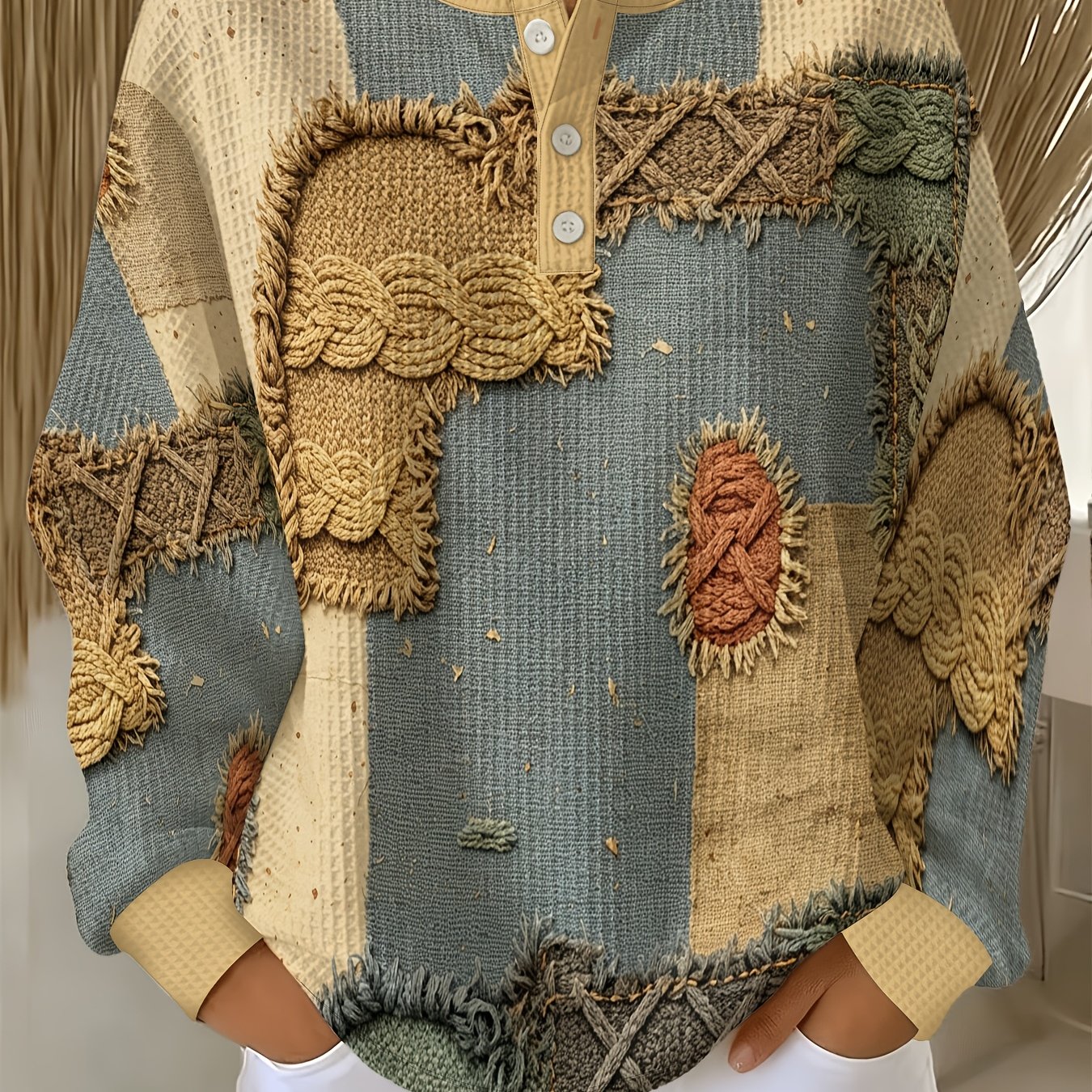 TEMU Women's Henley Collar Button-long Sleeve Top, Retro Distressed Printed Casual Loose Pullover Sweater