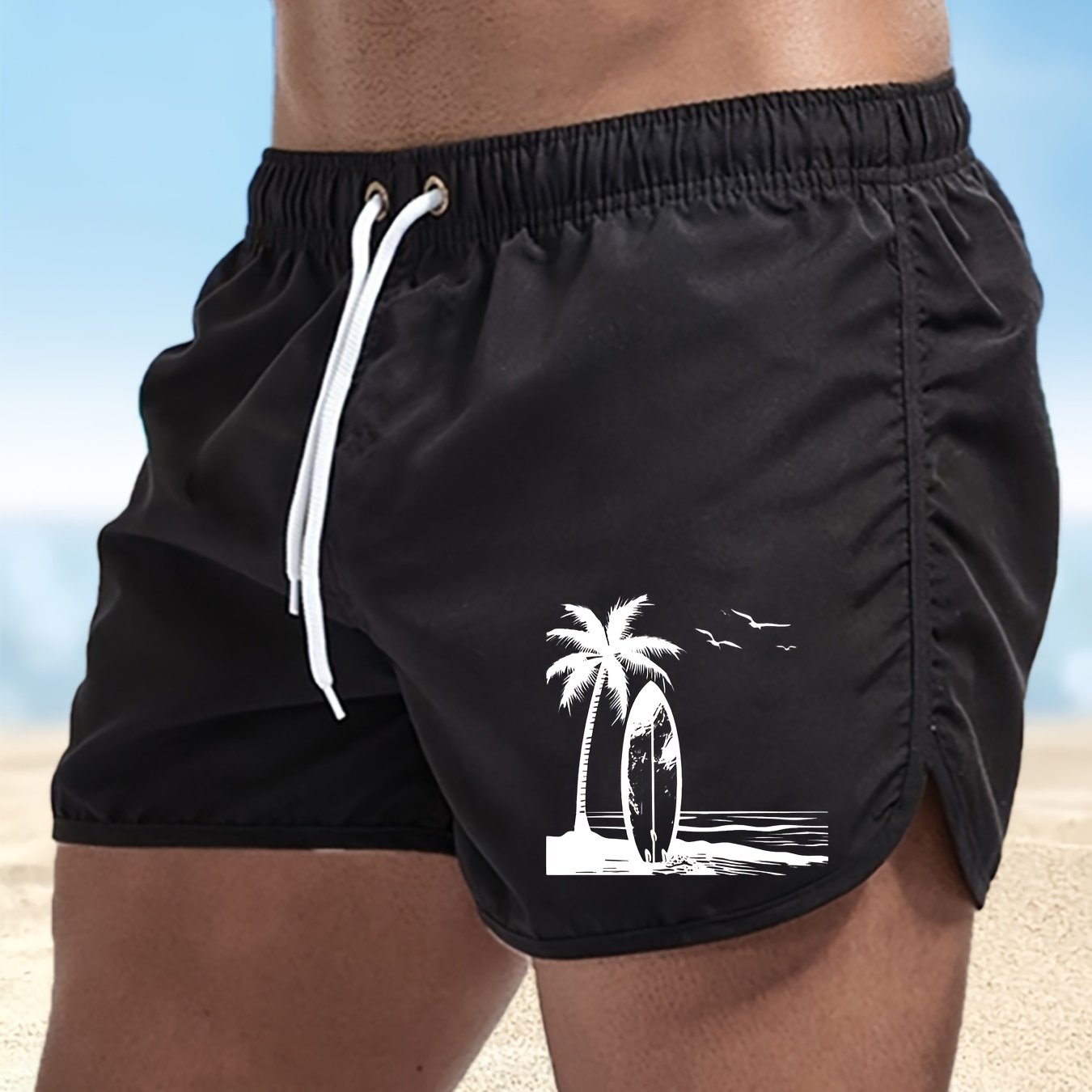 Men's Coconut Tree Surfboard Print Loose Beach Shorts Solid Color Athletic Wear, Pocket Drawstring Quick-dry Shorts, Lightweight Shorts, Suitable For Summer Beach Vacation Surfing