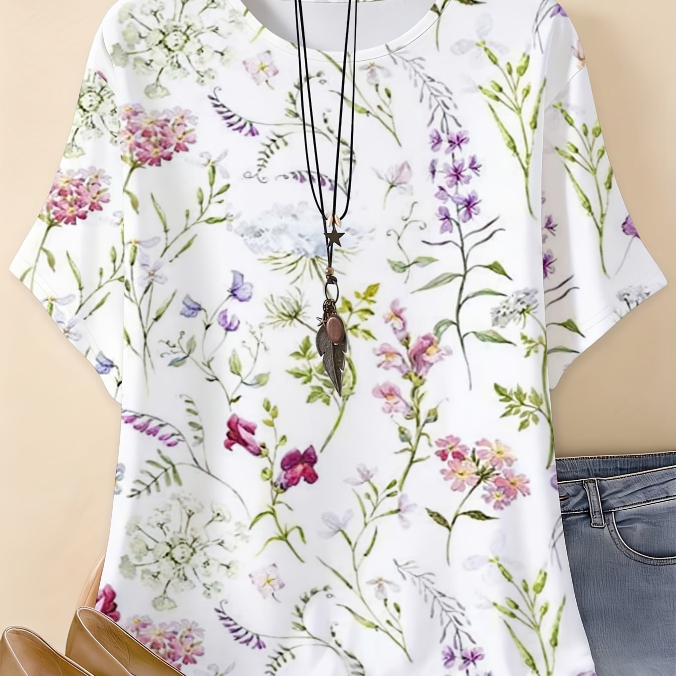 Plus Size - Plus Sizes Spring Floral Short-sleeve Top - Full-print Round-neck Casual , Suitable For Daily Wear And Spring Outfits