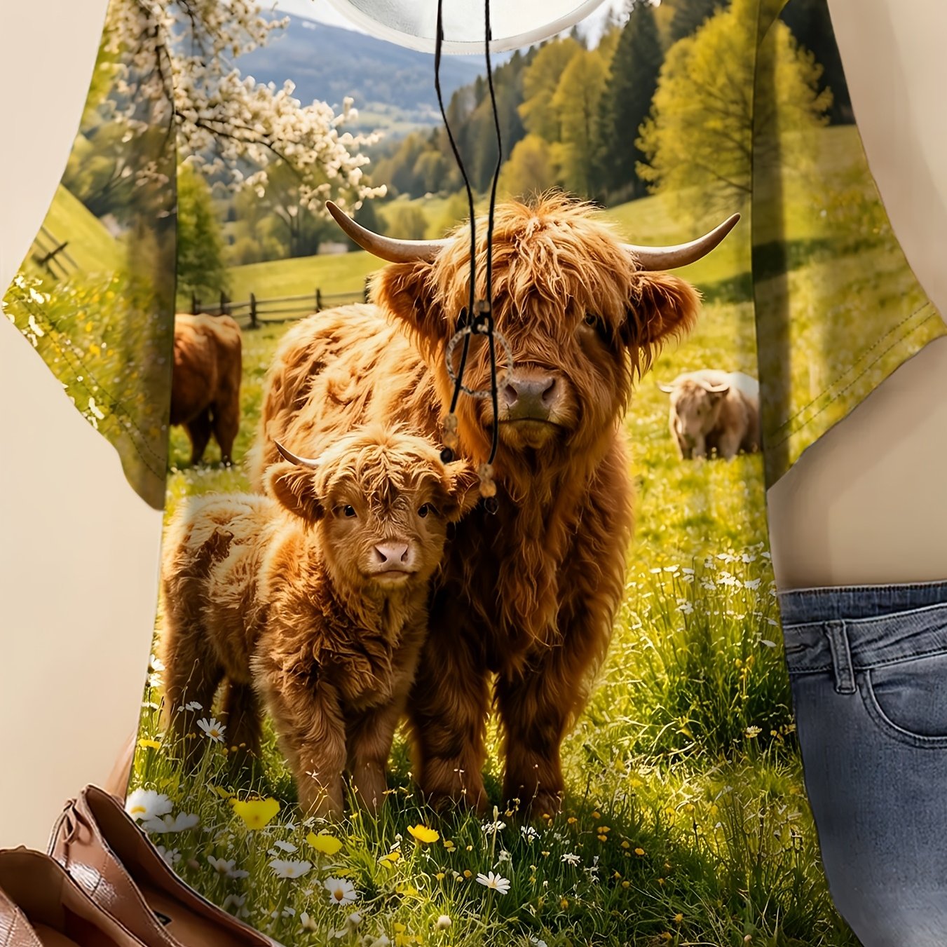 TEMU Summer Women's Plus Size Round Neck T-shirt, Green Floral Mother And Highland Cow Scenery Print