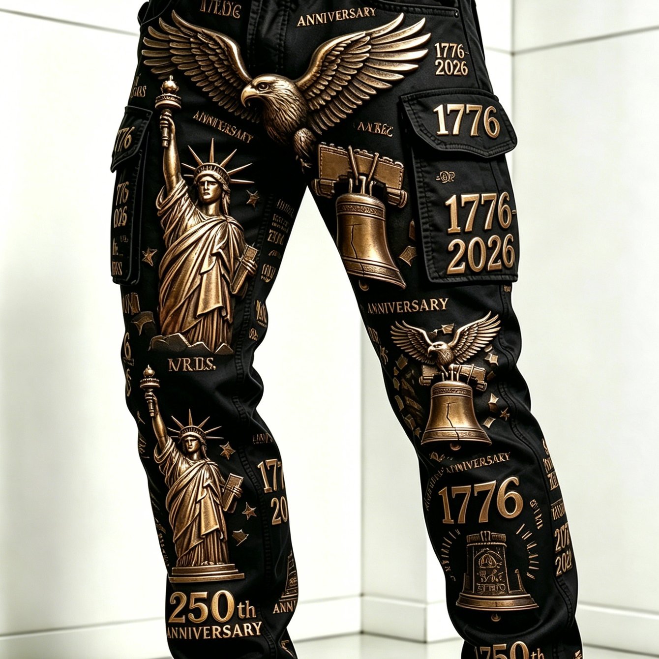 Men's Style Commemorative Digital Full-print Cargo Pants, Black And Golden Color Scheme, Casual Outdoor Straight-leg Trousers For