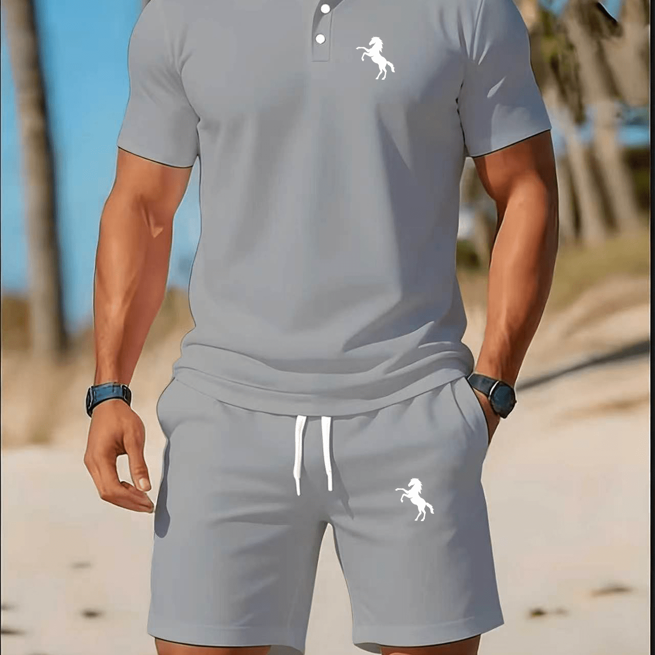 TEMU 2026 New Year's Running Horse Silhouette Logo Set Men's Summer Lapel Casual 2pcs Outfit, Optional
