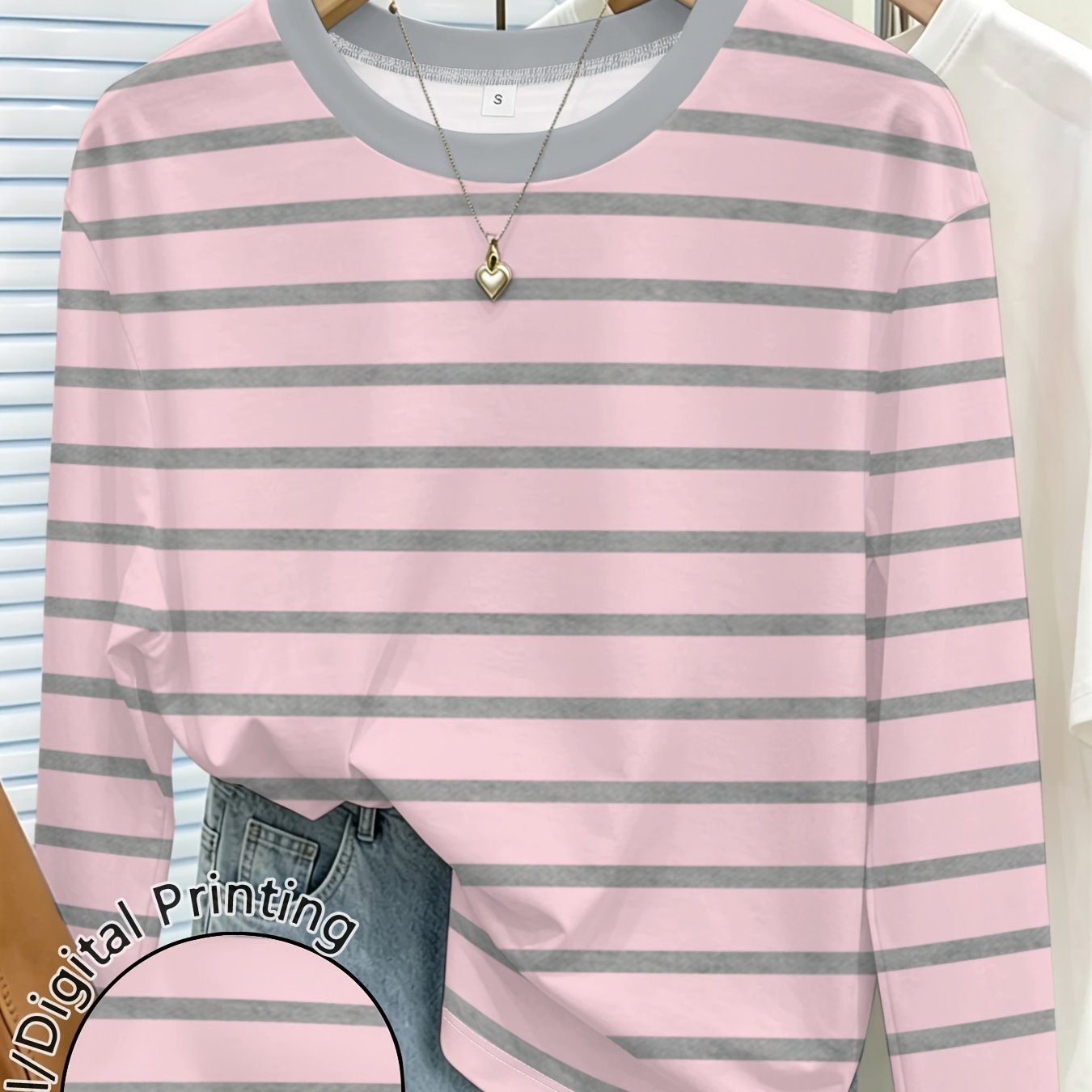TEMU Women's Striped Printed Crew Neck Long Sleeve T Shirt Casual Summer Tops