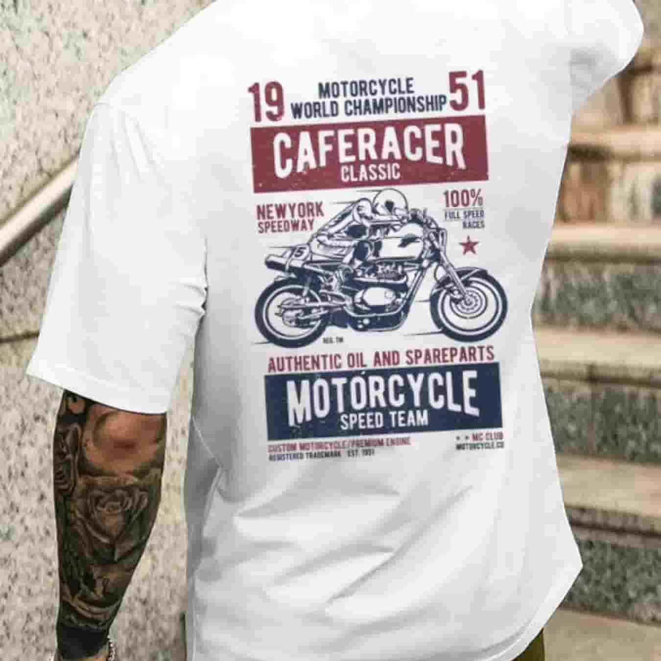 Retro Cafe Racer Motorcycle T-shirt - Vintage Back Print, Regular Fit Round Neck Tee Suitable For - Casual Wear, Machine Washable For Riding & Everyday Outfits