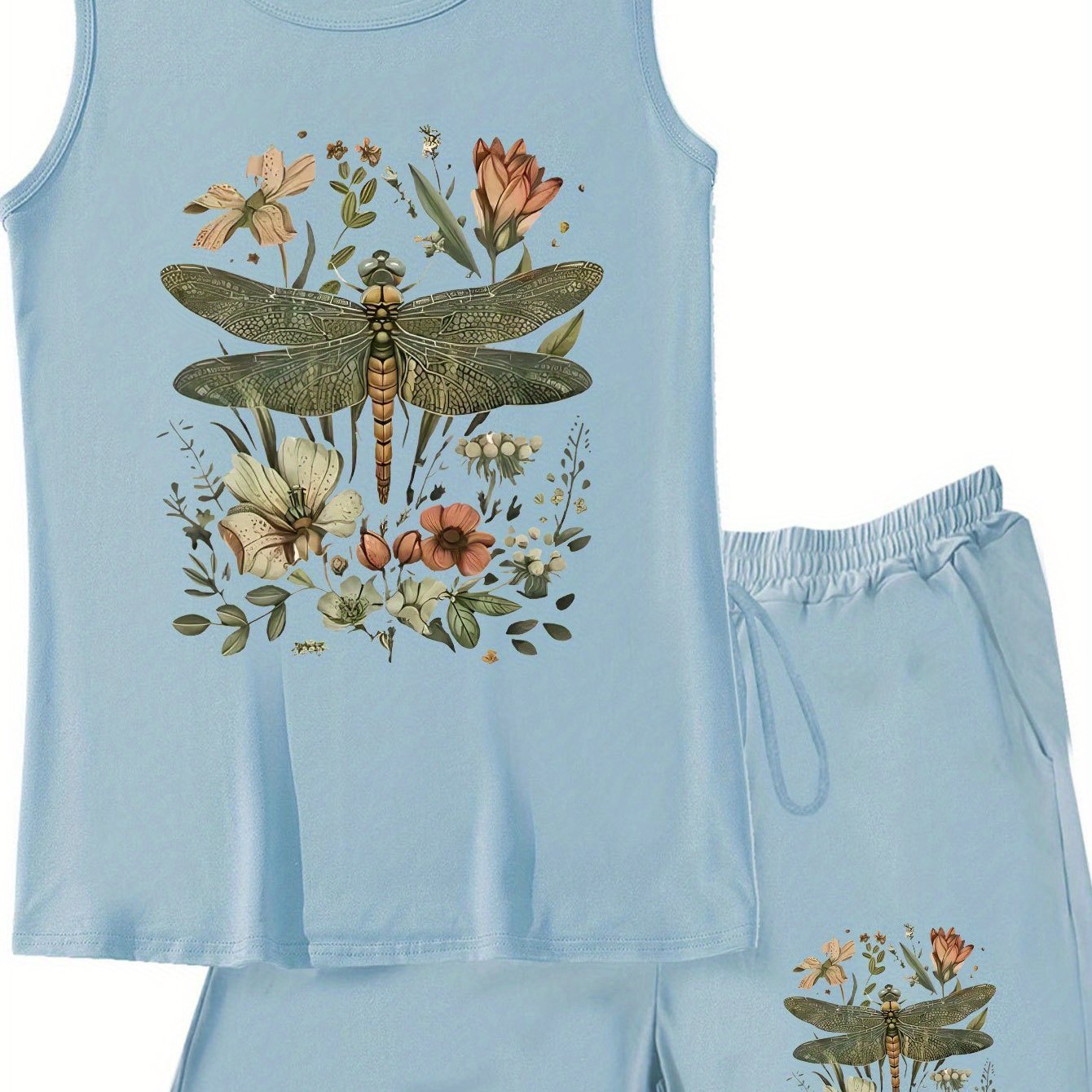 TEMU Dragonfly And Plant Print Plus Size Women's Fashion Casual Loose Set