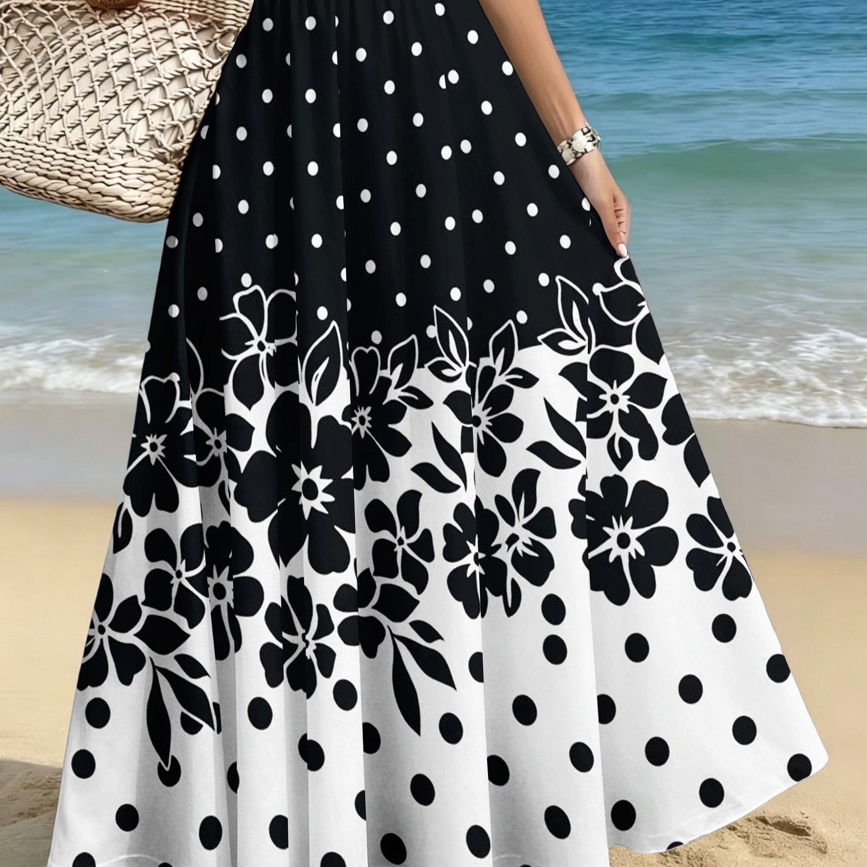 TEMU Women's Plus Size Elegant And Stylish Midi Skirt, Casual Printed Midi Dress, Black And White Polka Dot With Floral Decorative Print,