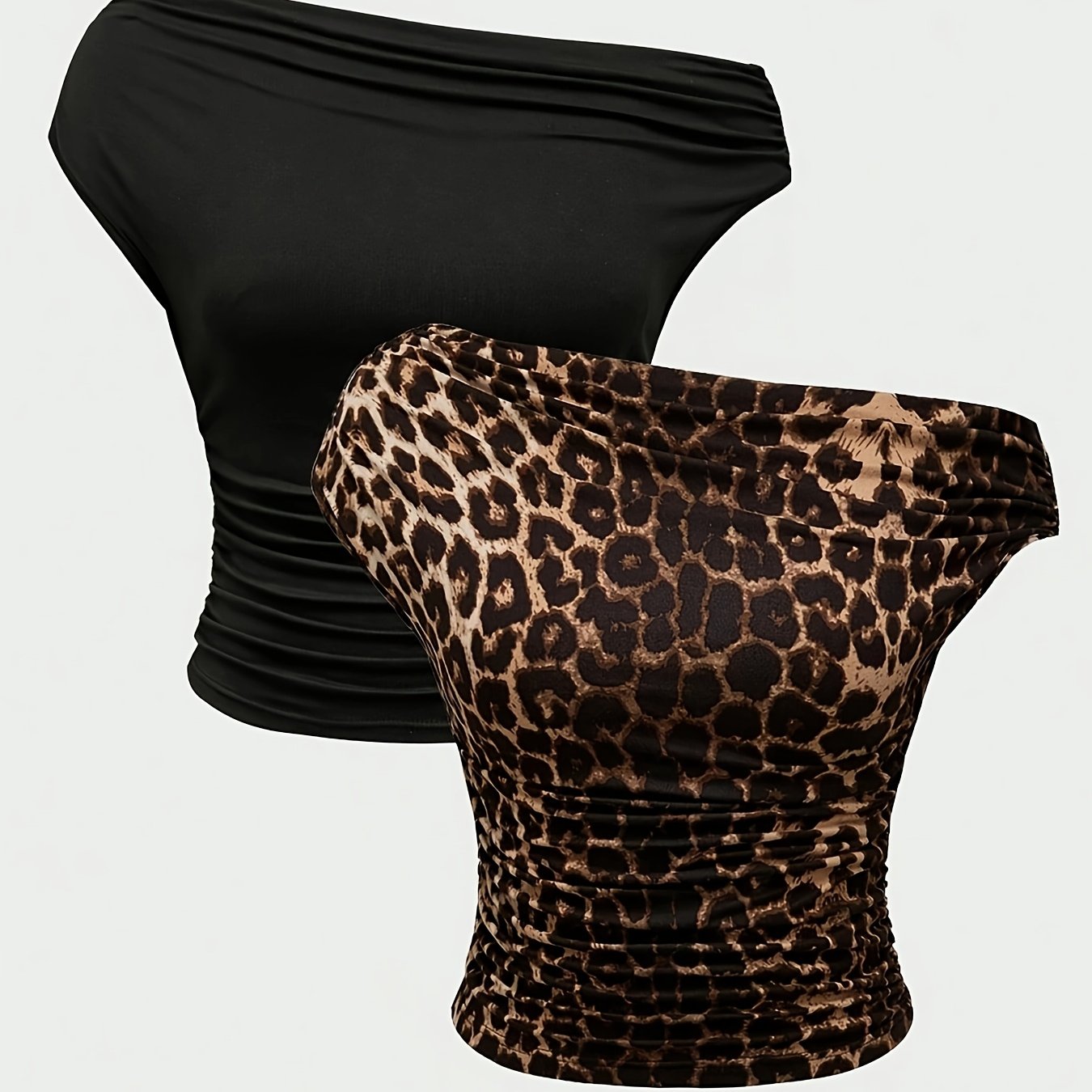TEMU Lot de 2 débardeurs courts confortables à imprimé léopard, épaules asymétriques et manches courtes, T-shirt coupe ajustée pour femme
