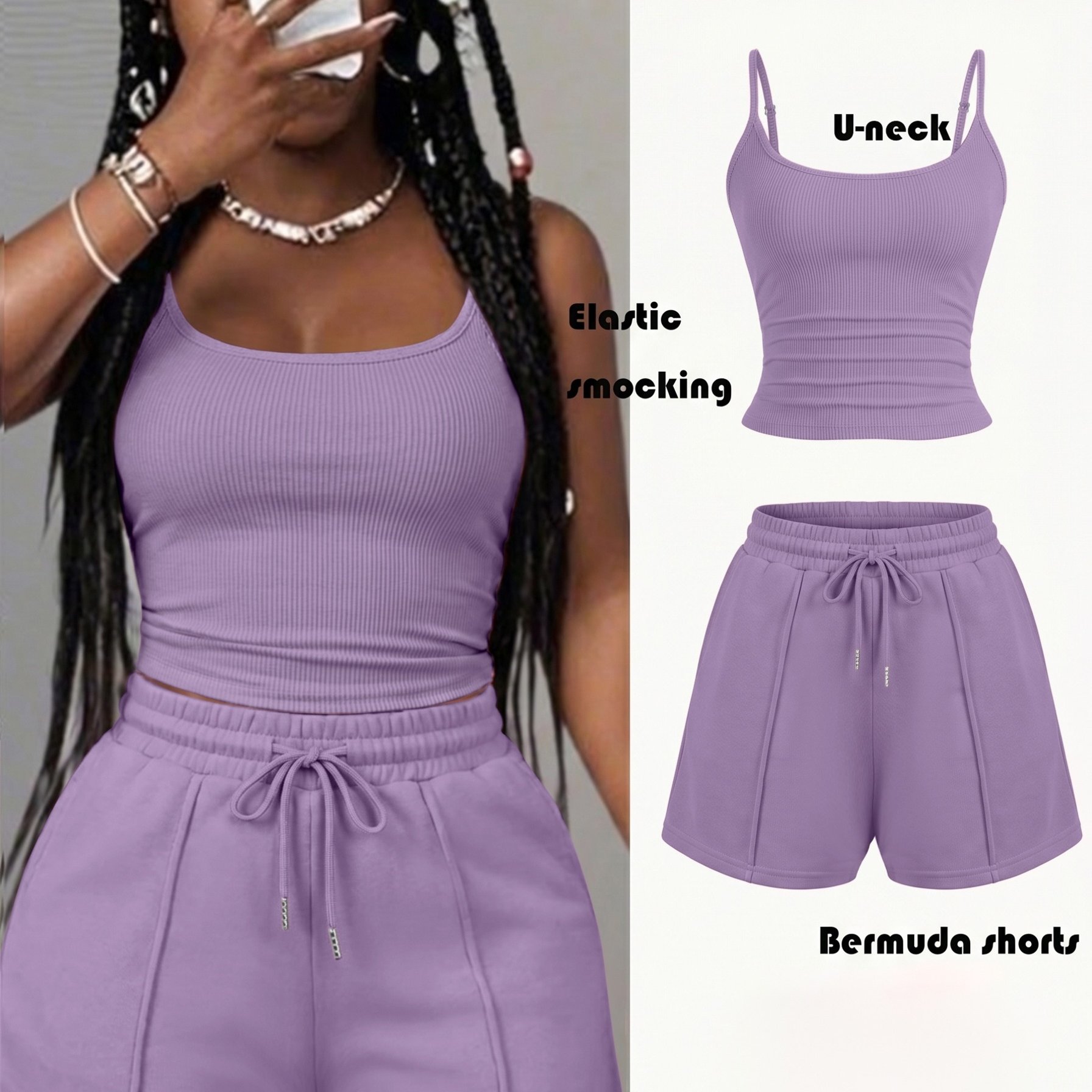 TEMU Women's New Casual Camisole Knit Elastic Vest And Striped Textured Shorts 2pcs Set