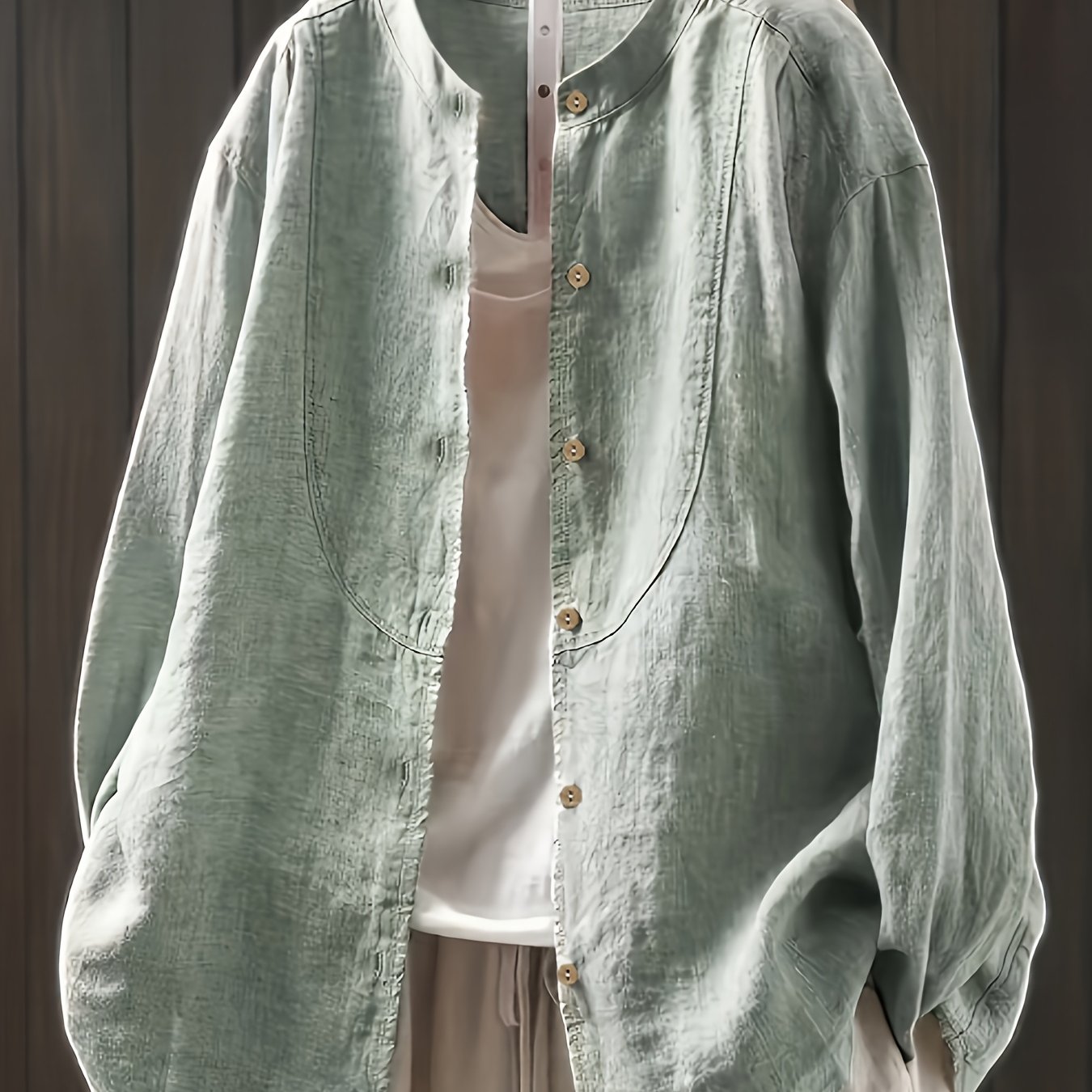 E-shop Damen Frühlings Sommer Vintage Leinen Hemd mit Stehkragen, lockeres einreihig geknöpftes offenes Cardigan , frisches einfarbiges atmungsaktives