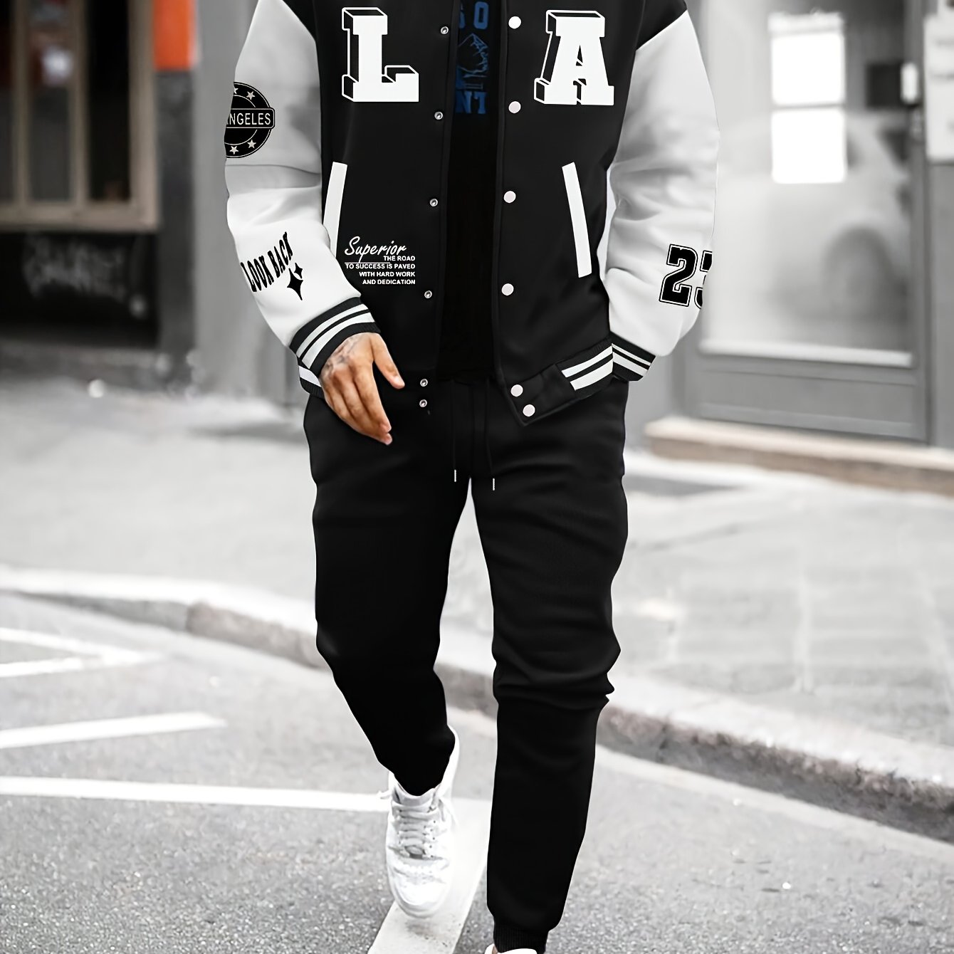 TEMU Men's Casual Trendy Baseball Jacket And Sweatpants Set