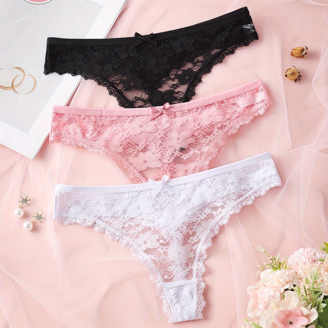 TEMU 3 piezas de liguero encaje de cintura para mujer, cómodas bragas elásticas sin costuras y transpirables, lencería y ropa interior para mujer