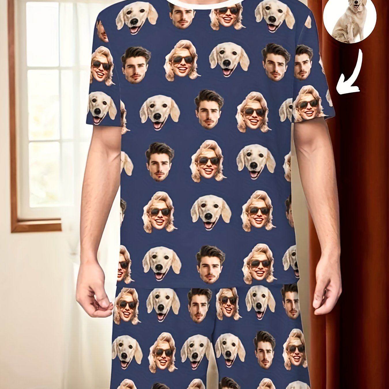 TEMU [customization ]men's Summer Pajama Set Personalized Photo Customization Fabric Soft And Breathable Round Neck T-shirt And Shorts Comfortable