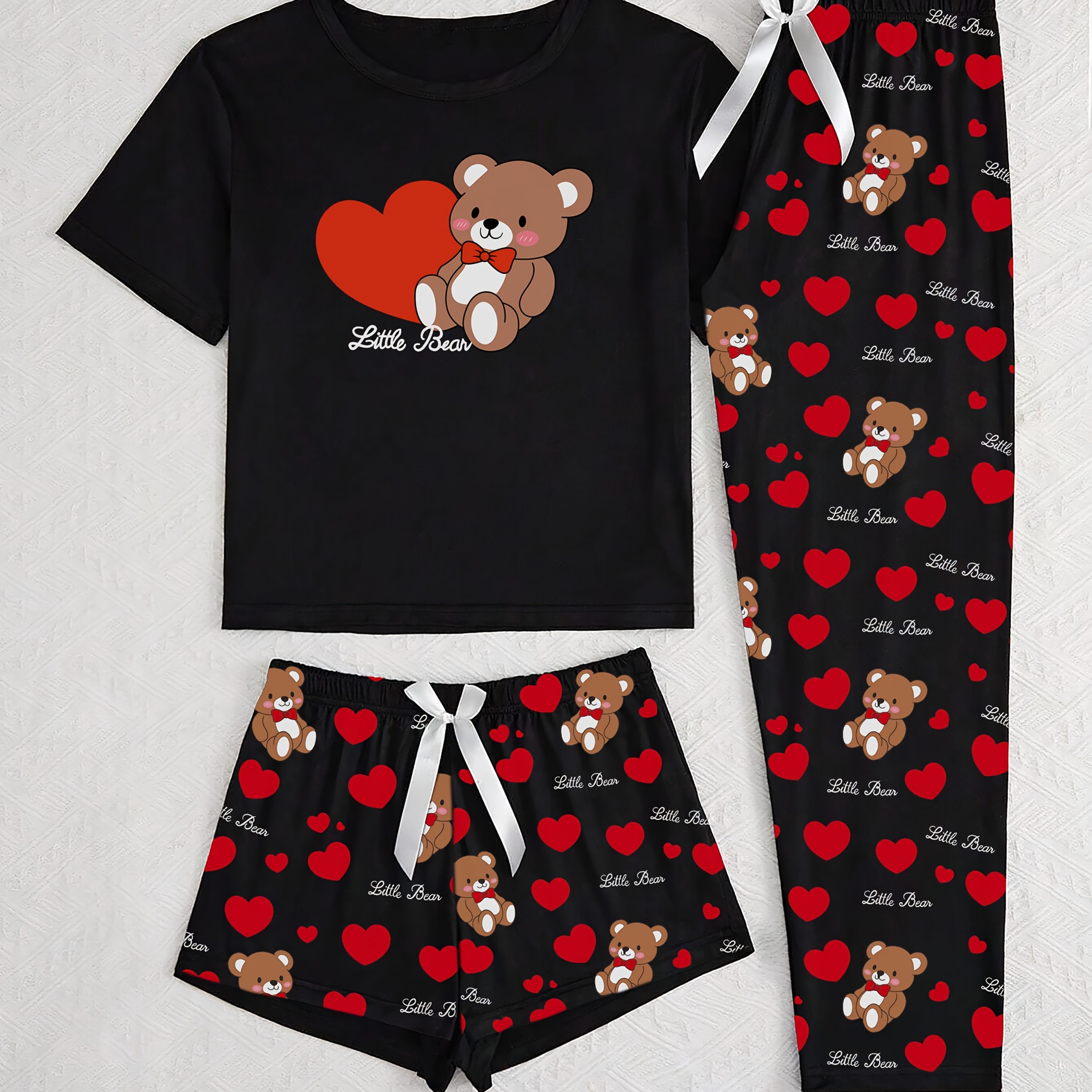 Image of Ladies' Lovely Polite Bear-themed -piece Pajama Homewear Set, As A Valentine's Day Gift, Comfortable Fabric And Loose Fit You Through A Day
