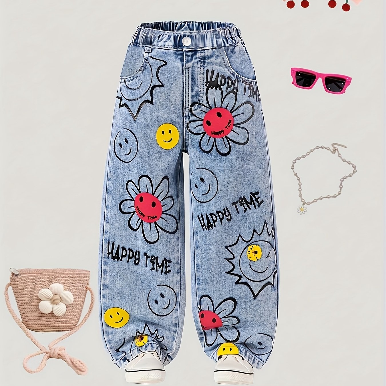 Image of Girls' Denim. Girls' Fashion Print Denim, Holiday, School Uniform, Casual Daily Denim, Versatile For