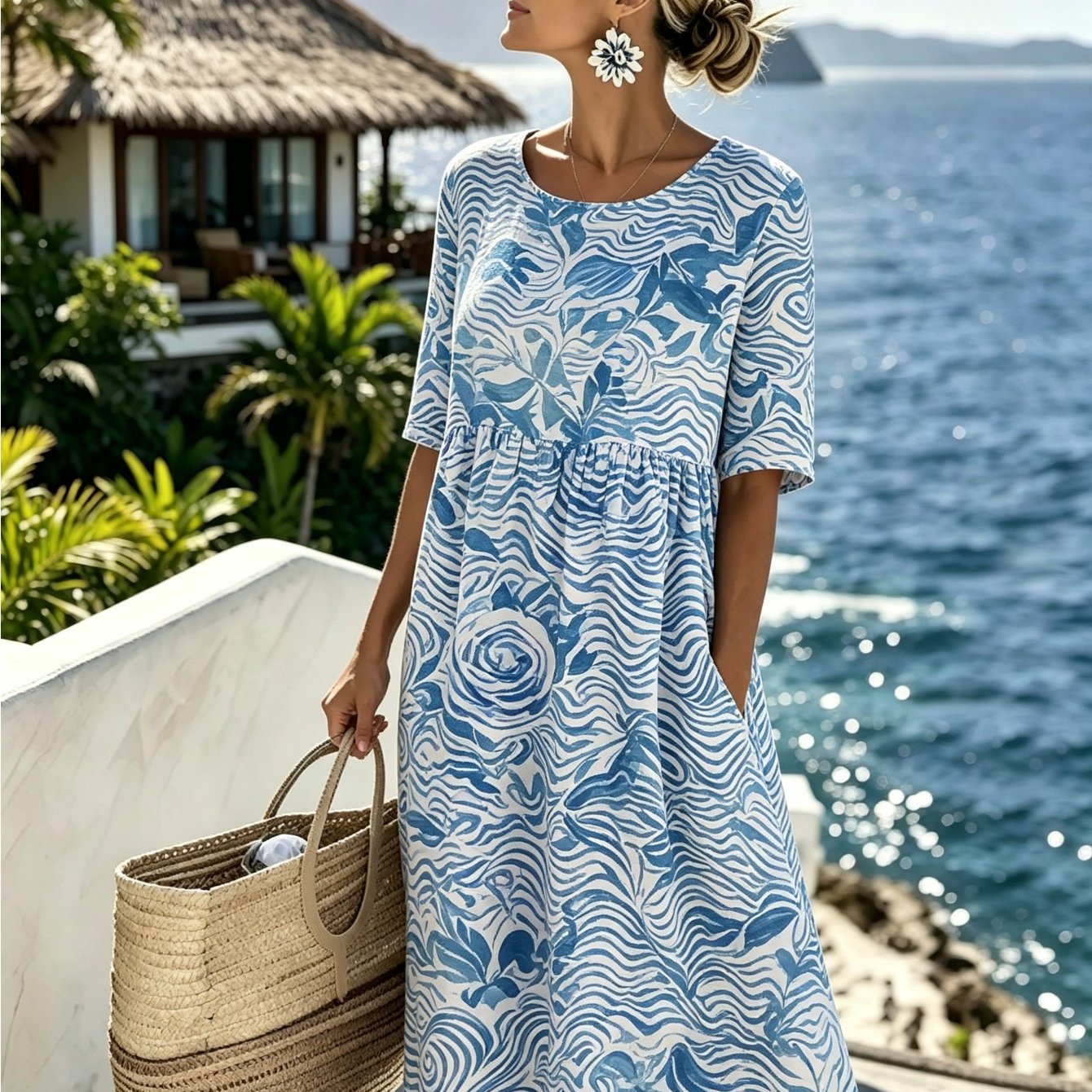 Women's Blue Geometric Print Midi Dress - Round Neck Half Sleeve With Pockets, Casual Loose Fit Summer Dress For Vacation Beach Daily Wear