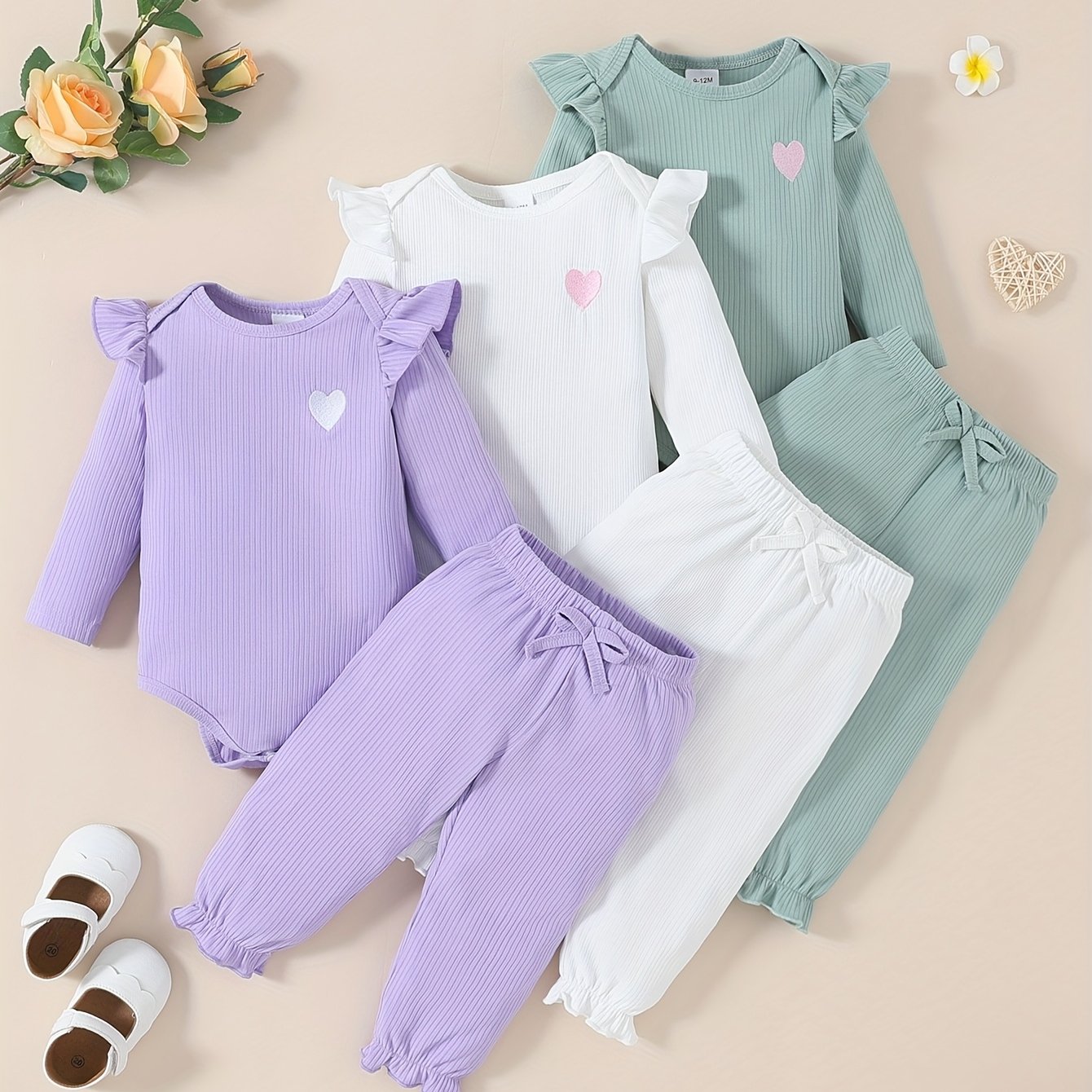 Image of Baby Girl Spring And Autumn Hot Baby Baby Long-sleeved Round Neck Embroidered Love Solid Color Trousers Bud Trousers Long-sleeved 3pcs Set, Perfect For Outdoor,christmas,halloween