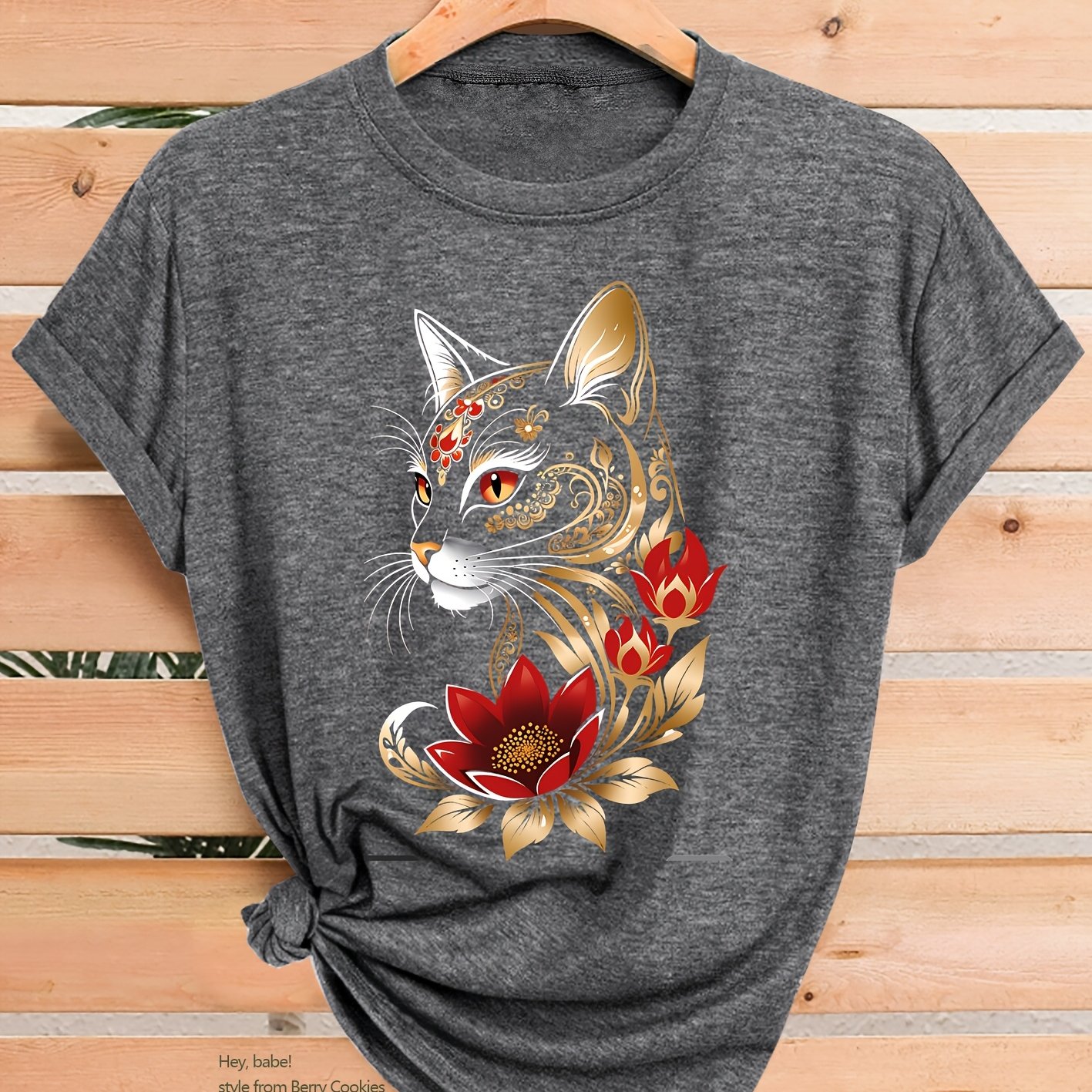 TEMU Gilded Floral Pattern Print Fashionable And Women's Spring, Summer, Autumn Casual Sporty Style Top, Soft And Comfortable Round Neck Short Sleeve