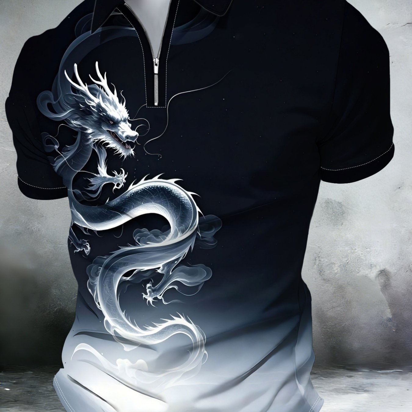 TEMU Men's Short Sleeve Zipper Shirt Chinese Ink Dragon Print Gradient Lapel Top Fashion Casual Comfortable Slim Fit Versatile Daily Wear Trendy