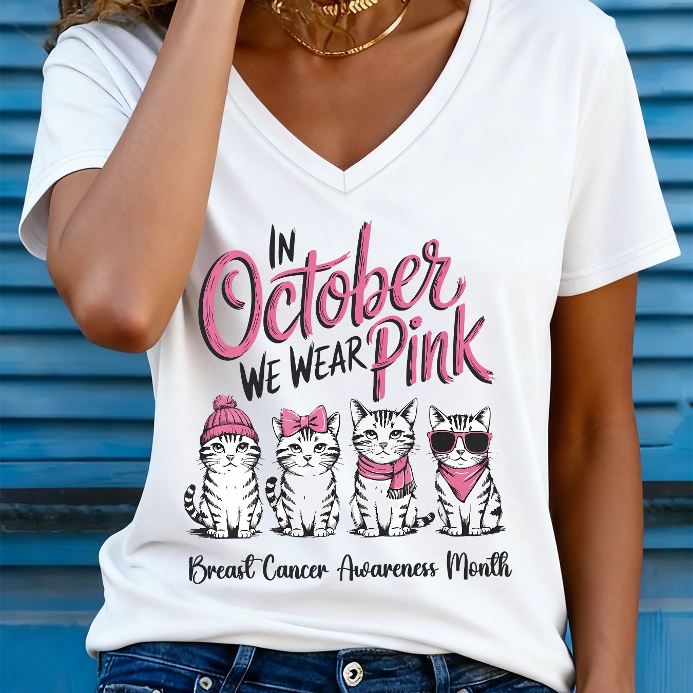TEMU Casual Women's V-neck Short-sleeve T-shirt, October Pink Cat Print V-neck T-shirt, Stylish And Comfortable, Breast Cancer Awareness Month