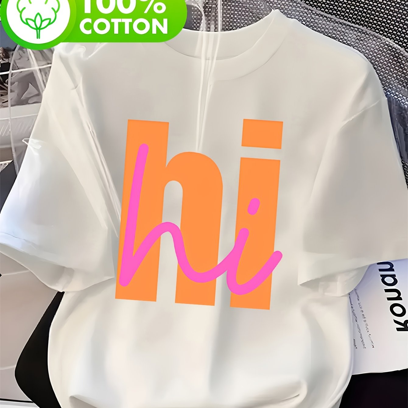 Image of Plus Size, Creative And Stylish 100% "hi" Printed T-shirt, Short-sleeved Round Neck Casual Women's Top, Suitable For Spring And Summer Wear, Women's Clothing- Holiday Gift