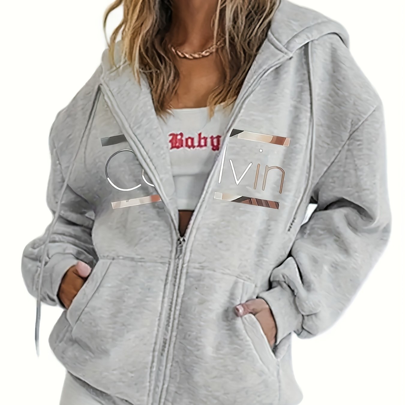 E-shop Lässiger Damen Zip-Up Hoodie mit Buchstabenprint, maschinenwaschbar mit bequemer Innenausstattung, warmer Pullover-Sweatshirt für Herbst und