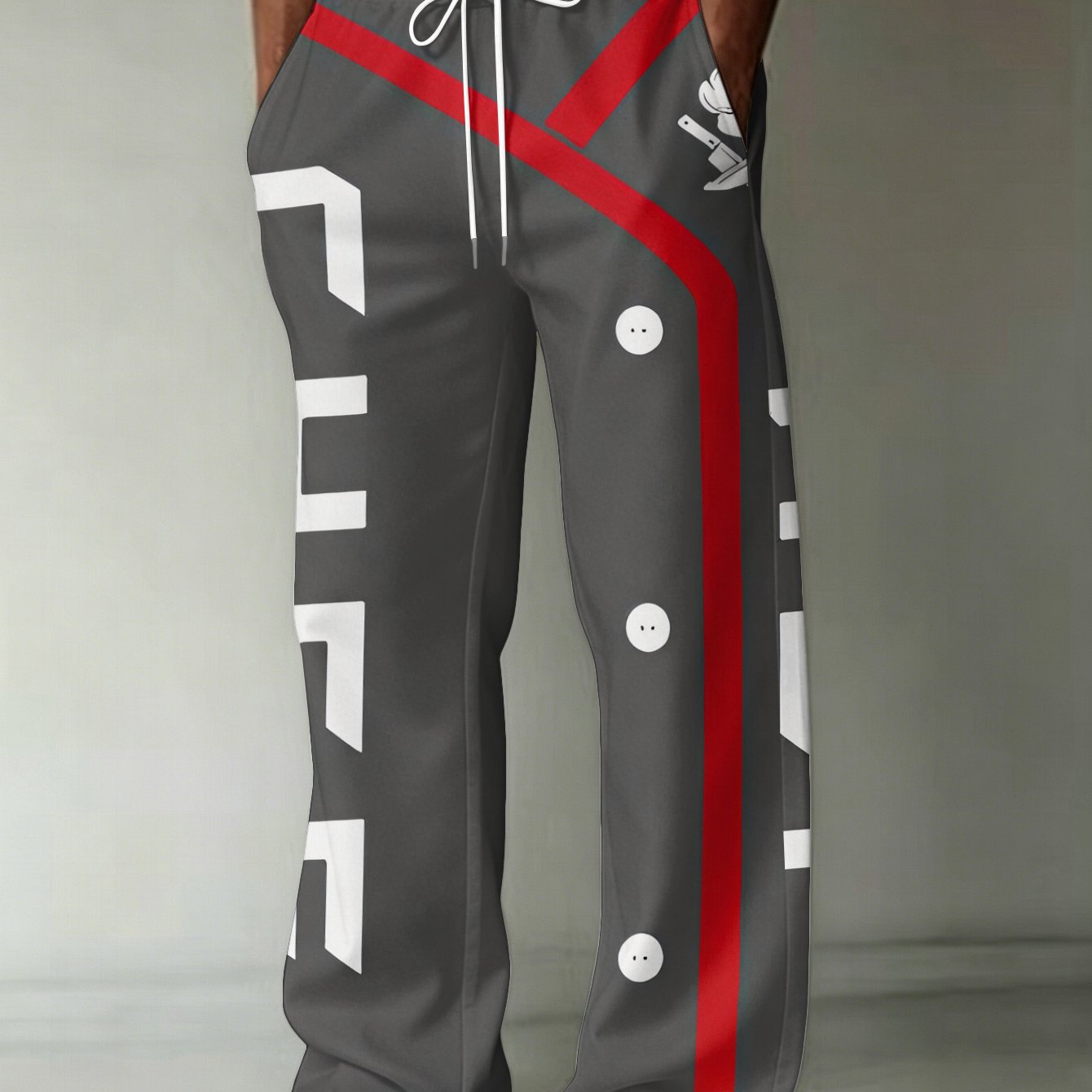 TEMU Men's Fashion Print Long Pants, With Red Trim, White Buttons, Featuring "chef" Text And Patterns, Straight Fit Trousers With Pockets And