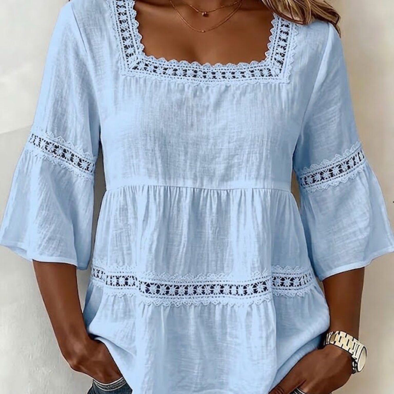 TEMU All Season New Womens Square Neck Smocked Lace Blouse, Sky Tiered Ruffle Hem 3 Quarter Bell Sleeve Loose Tunic, Bohemian Church , Travel Womens
